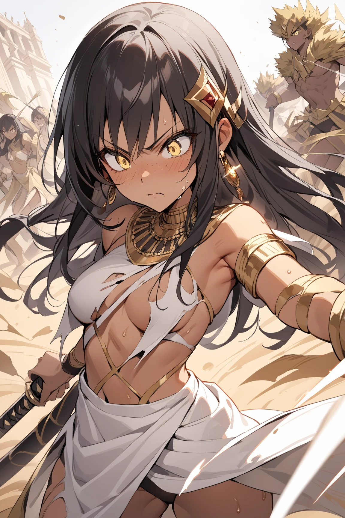 ((Masterpiece)), ((best quality)), (super detail:1.2),(High Definition:1.3), (Professional Photography:1.2), (very aesthetic:1.2), (absurdres:1.2), (depth of field), cinematic lighting, (sharp focus), (perfect light), (1girl), Very pretty Egyptian girl, (naughty smile), cute eyes, (put on cat ears), trival tubetop, cool pose, (trival long loincloth), dark skin, teenage girl, (Healthy and toned body), slim body, really happy, (ancient ruined overgrown), exposed naked stomach, ((paw pose right hand only)), (long eyelashes), ((baggy eyes)), colorful eyes, round eyes, Large Cumulonimbus Clouds,