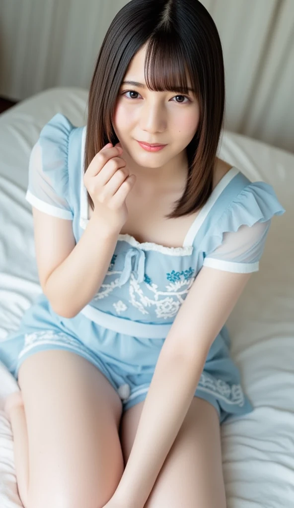 (Highest quality:1.5)、(masterpiece:1.5)、(8k:1.5)、(Big Breasts:1.35)、(A sleeveless dress with light blue checked lace:1.5)、(Slender:1.2)、(Blushing:1.5)、(Feeling embarrassed:1.5)、(smile:1.5)、(The background is the hotel:1.7)、whole body、Hotel Bed、(Erect nipples)、(Thin and beautiful legs:1.3)、(Young face:1.7)、(Primary school students:1.7)、(Short:1.7)