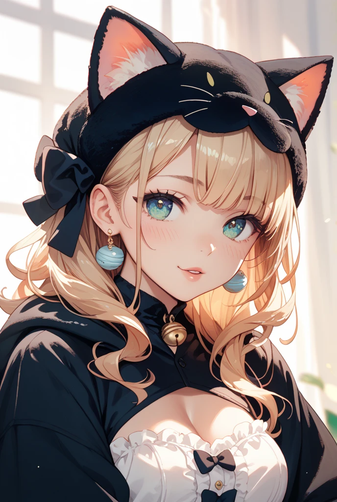 top-quality、Top image quality、masterpiece、teens girl((Black underwear、Black hoodie with open chest、Black skirt、18year old、 Ager、Best Bust、big bast,Beautiful light blue eyes, Long Blonde Hair、A slender,Large valleys、Reflecting the whole body、Heart symbol with both hands、Joy Pose、Laugh、The best smile)),hiquality、Beautiful Art、Background with((party decoration night,a room、Parti、The table、wining、chocolate cake))masterpiece、depth of fields,top left text((100 followers、appreciate!))