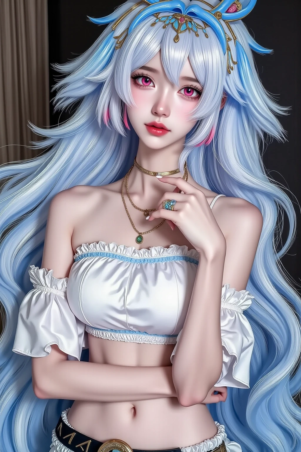 (Masterpiece, Best Quality, High Resolution), White Background, Acrylic Paint, ((Color Splash, Splash of Ink, Color Splash)), Sweet Girl, Long Light Blue Hair, [Light Blue|Pink] Hair, Curly Hair, Glitter, Peach Lips, tatoo, elegant dress, Front, hips up