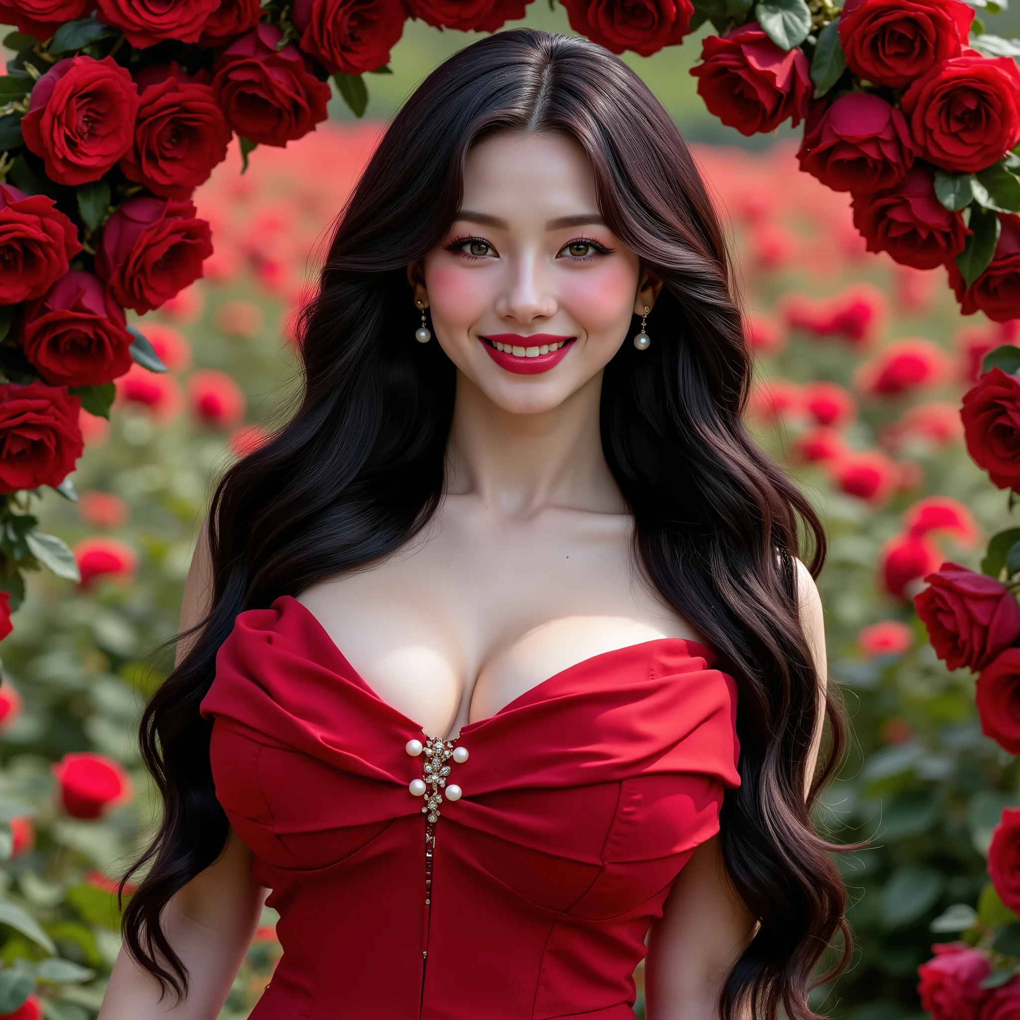 1girl seductively standing on red rose field,(big boobs), cleavage,(( wearing red colour sari)),(characters play),looking to camera,random sexy posing, smiling,( long red hair),(perfect fingers),(perfect blue eyes),masterpiece collection,(red rose field background),red roses farm