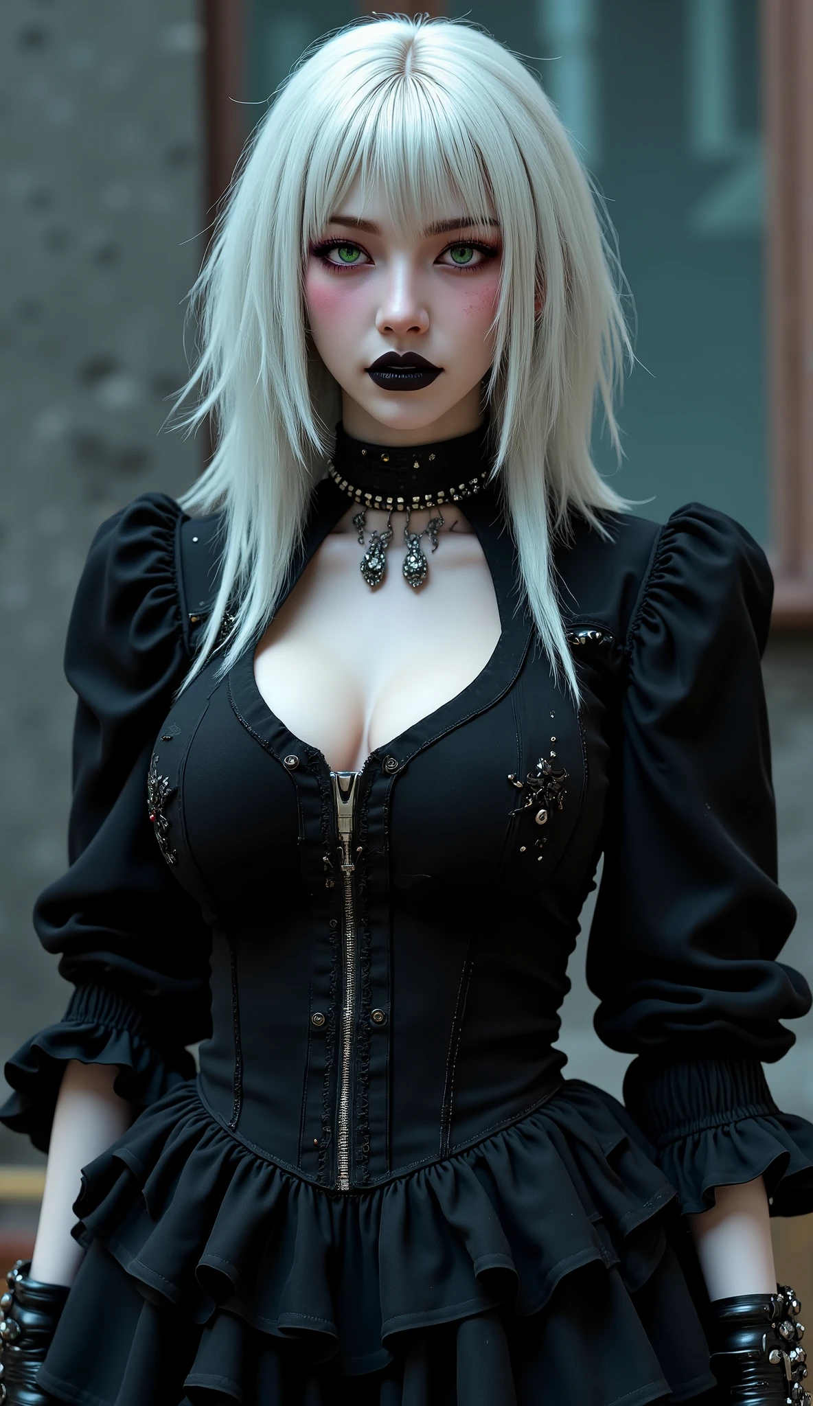 goth girl, white hair, heavy goth makeup, portrait, dark, cropped corset top, choker, armpit, sweaty skin, navel, deep navel,