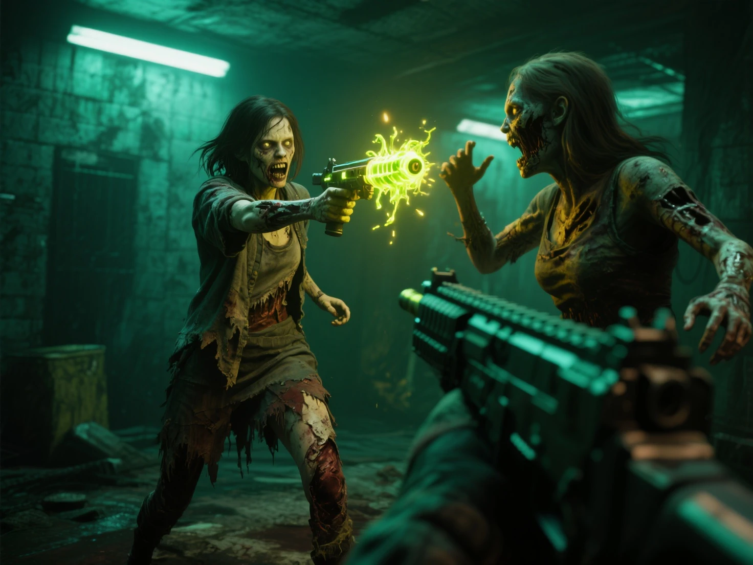 Rotting Zombie、Overgrown plants、Dynamic pose、Bright and vibrant colors、A warm, nostalgic palette、Dramatic lighting、Cinematic composition、masterpiece、Highest quality、8K、High resolution、Super detailed、Photorealistic、