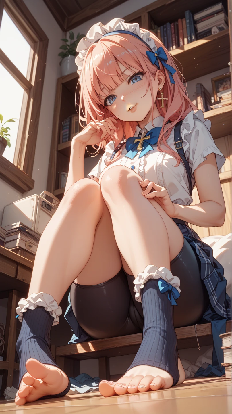 (8K, Highest quality, Highest quality, masterpiece), sit on the floor, (denim hot micro shorts), (shorts aside & vulva peek), the shorts dig into her pussy, shorts dig into pussy, big breasts, ((spread legs 1:2)), (fullbody), ((seductive grin)), nn1, 1girl, hair ribbon, ((long hair)), anime girl