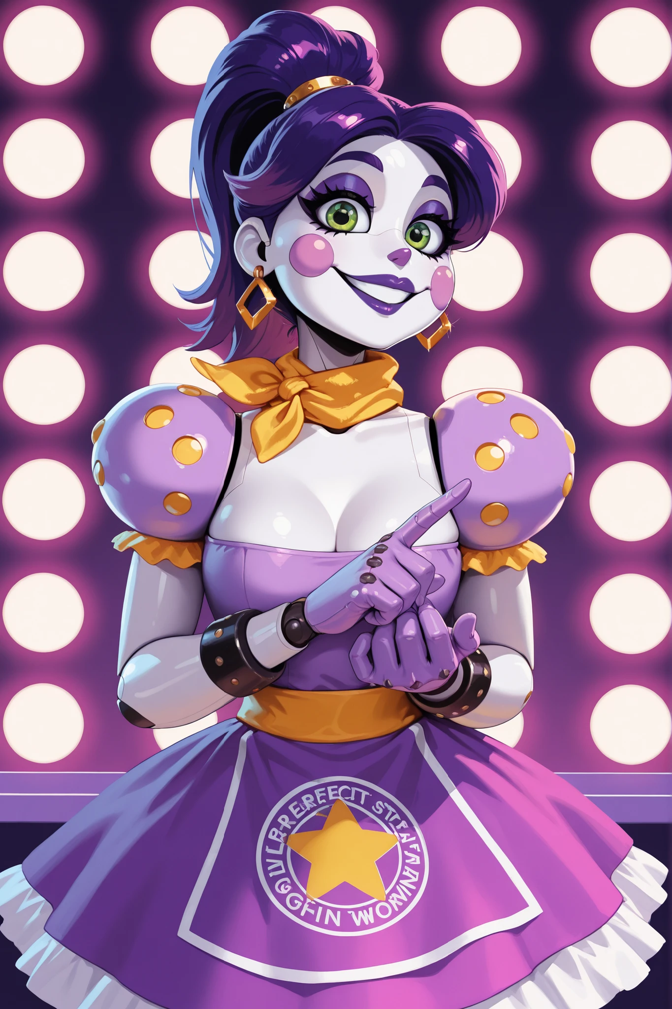 1 girl, Cartoon style, looking at the viewer, leaning forward, profile pose, very beautiful, perfect, beautiful woman, kind gesture, gentle gesture, beautiful woman, very pretty, hands hidden, arms behind the body, a very beautiful porcelain robot girl, big eyes with big black eyeliner and big eyelashes, a beautiful long smile with slightly discreet purple lipstick, purple hair with golden earrings and a ponytail hairstyle, purple dress with yellow stars with a small neckline, incredible shape, scarf around the neck, black bracelet, skirt with white ruffles, green eyes, hair with pink gradient at the tips, dress with purple shoulder pads with stars, purple nose, purple cheeks, purple makeup, beautiful robot woman, purple eyeliner, big eyebrows, slim face, purple gloves up to the elbows, perfect hands, good body, good anatomy, slightly in profile, beautiful image, flat colors, violet shoulder pads, shining star in the center of her neckline, in a retro synthwave restaurant, skirt with big star in its center, cheek-to-cheek smile, robot hands, robot joints, a bit of sorrow, pointy shoulder pads, dancing robot, her chest is robotic without curves, hands on waist 