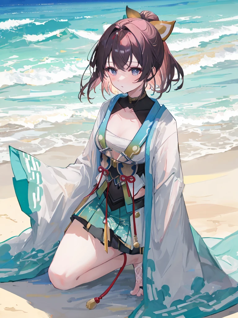 1girl、highest quality、Masterpiece、Official Art、The best composition、Character Design、vtuber-fullbody、Standing in front of the viewer、upright、short hair、dark blue bikini、barefoot、Smaller breasts、1 girl、Wear nothing but a bikini