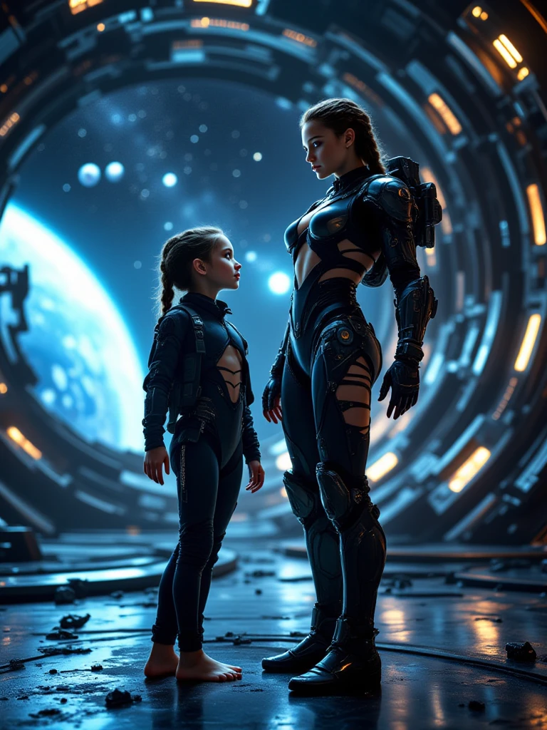 cute young american woman wearing Mjolnir powered assault armor pointing up cut on her face blood coming out child holding her hand green mountains covered with snow in background