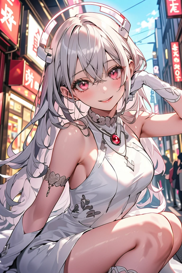 score_9, score_8_up, score_7_up, source_anime, (masterpiece), best quality, expressive eyes, perfect eyes, perfect face, oni girl, oni horns, red eyes, soft lips,  long hair, very long hair, wide hips, (white hair:1.2), (white eyebrows:1), (white eyelashes:1), medium breasts:0.5, higuchi madoka, big breasts:0.3, standing, background: City, clenched hands, (cat lingerie:1.4), (black lingerie:1.4)