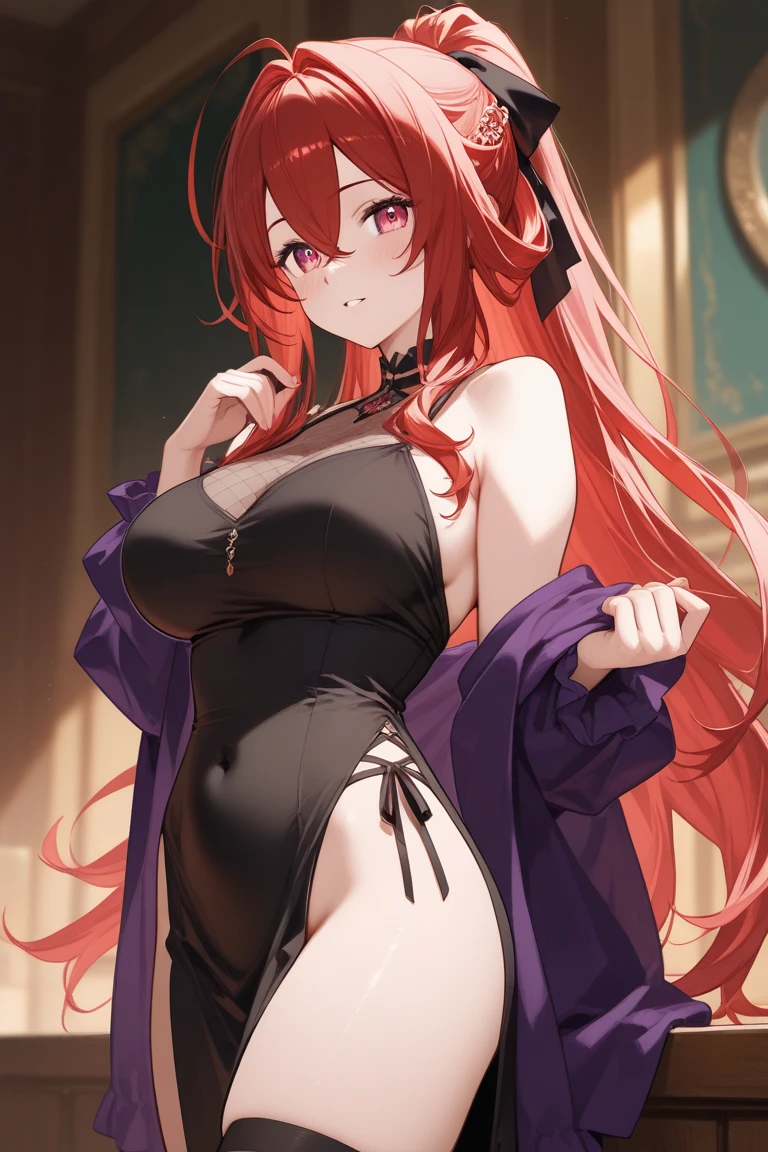 (best quality:1.1), (masterpiece:1.5), detailed (Face and eyes), cozy, (fullbody:1.5), movie still, , upper body, depth of field, anime coloring, , 1girl, solo, ange_synduality_noir, (Red hair), Blue eyes, (Long Straight Red Hair:2.0), hair ornament, Big Breasts, (sexy slit cheongsam), smile close your mouth, out door