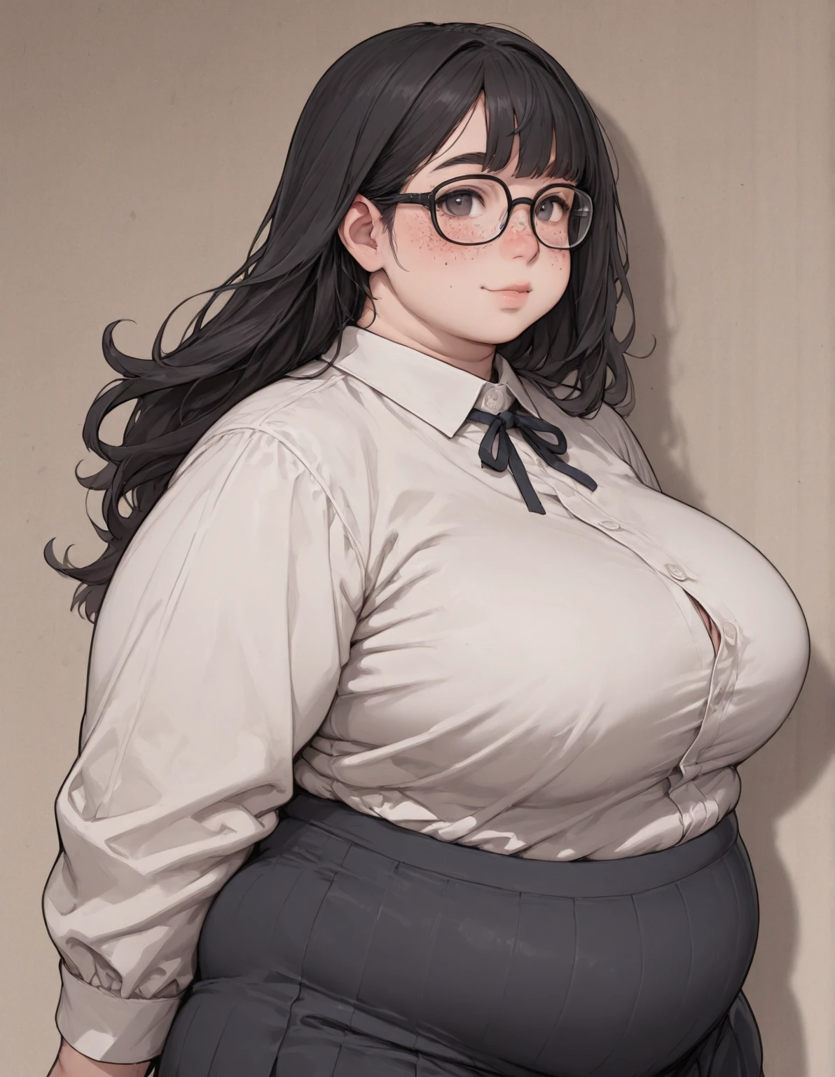 (masterpiece, best quality, highly detailed), 1girls, big belly, blurry background, huge belly, art by kipteitei, round belly, chubby, curvy, simple_background, gradient_background, belly grab, enormous belly, fat belly, thicc, bigger belly, really big belly, jiggly belly, shirt covering belly, belly cover by shirt, glasses, casual clothes, thighhighs, ((full body)), long hair