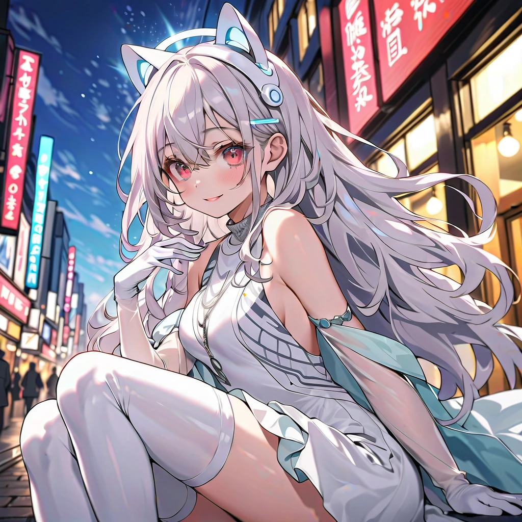 masterpiece,((best quality)),(extremely detailed CG unity 8k wallpaper), 1girl,highres, animal_ears, tail,hair_ornament, blue_eyes,long_hair,small_breasts, open_mouth, blush, looking_at_viewer, bare_shoulder, smile, solo ,silver_hair ,long_hair, hands_on_face, eyebrows_visible_through_hair, hair_between_eyes, pink_dress,pink_jacket,((legwear))<lora:aka:0.6>