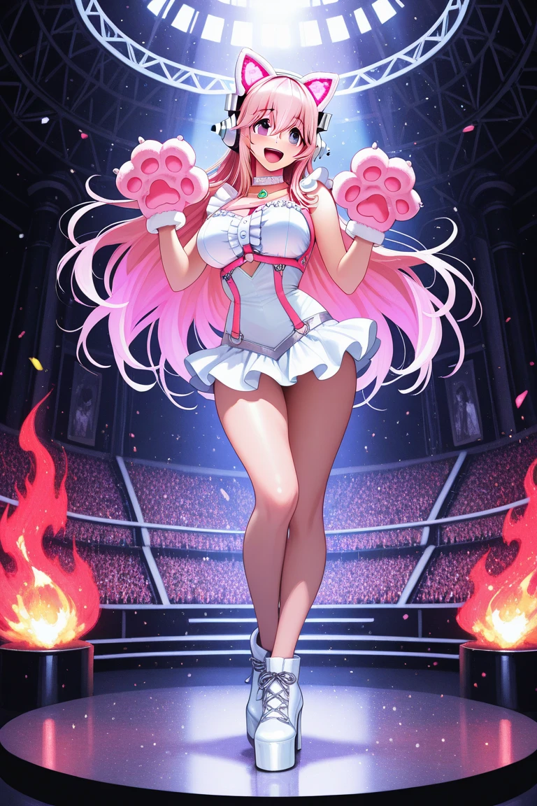 Happy young girl, with wolf ears and pink hair, holding her cheeks, wolf tail, wearing a latex dress, looking at veiwer, full body, you can see her chest, naked breasts