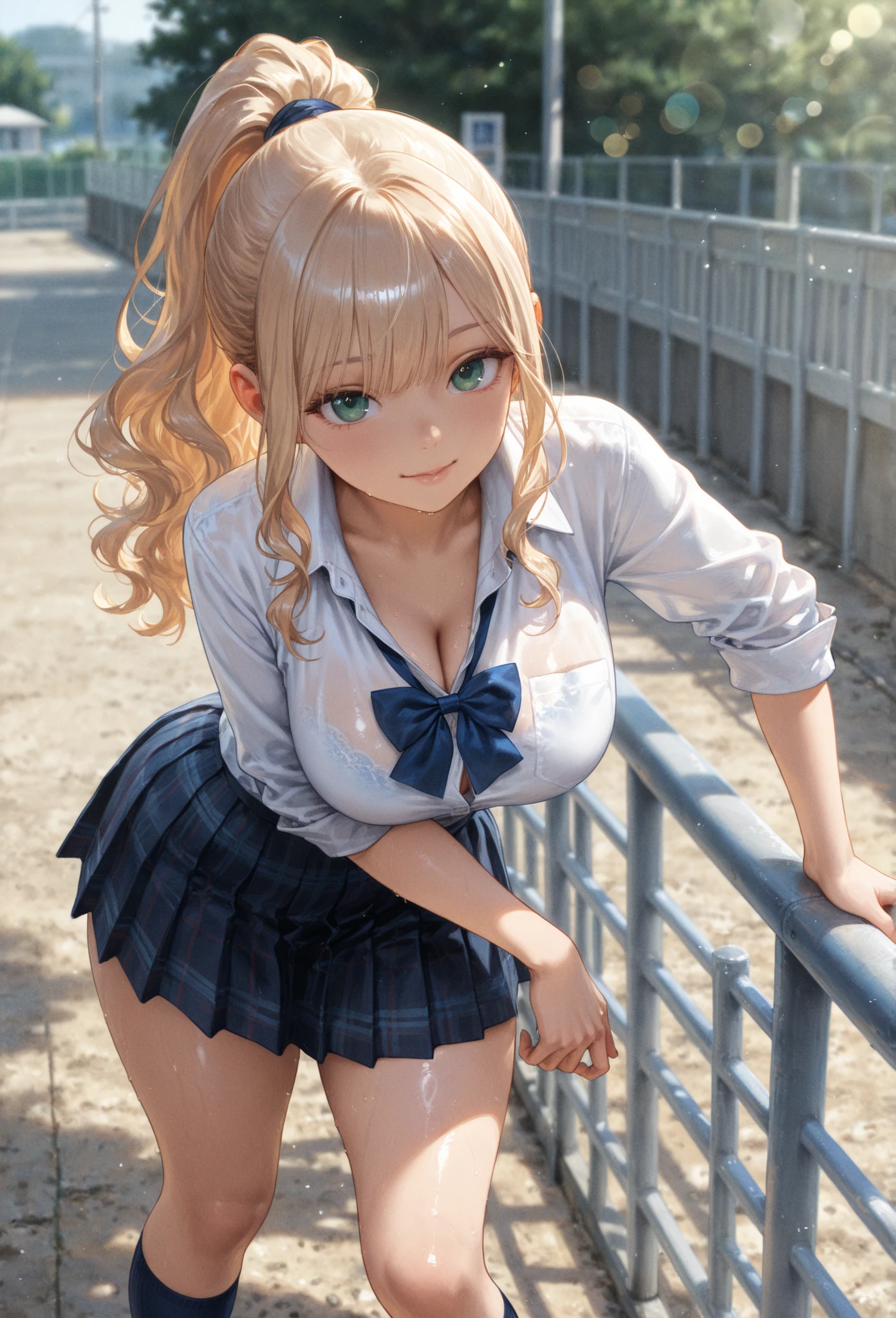 (NFSR8k:1.10, Highest quality, masterpiece:1.2), Very detailed, (High brightness:1.3), (High Contrast:1.1), (High chroma:1.1), (Anime screenshots:1.20), (((Perverted short girl:1.30))), ((hair ornaments:1.2)), Hair between the eyes, Blonde, bangs, ((short hair)), Green Eyes, skin, (((Long Hair:1.10))), (((Both sides up:1.10))), ((Beautiful Eyes:1.10)), (cuteeyes:1.10), ((Eye for details:1.5)), cute, (((((Big Tits:1.30))))), (((Puffy nipples))), (((((Open school uniform:1.30))))), ((the body is slim:1.10)), ((Sensual blush)), ((Standing on tiptoes:1.5)), (Outdoor, Beach, Waterfront, Day), ((whole body:1.2)), (cute 卑猥なO顔:1.20, Stick your tongue out), ((Squat:1.10, Spread your legs wide:1.5)), (Shiny地skin:1.10), (Oil地skin:1.5), ((Very seating:1.10)), ((((A young girl obscenely squeezes her right breast with her right hand:1.45, A young girl obscenely squeezes her left breast with her left hand:1.45)))), ((Semen from a woman's vagina:1.30)), (((Basic structure of the human body:1.45)))