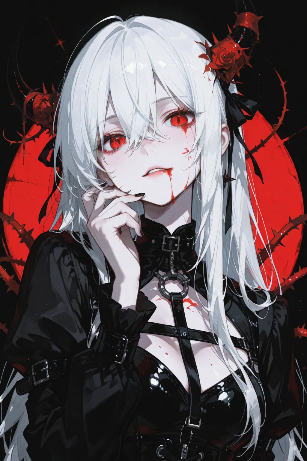vampire,Silver Hair,girl,Green Eyes,Licking one's lips,Blood dripping onto the tongue,1 person
