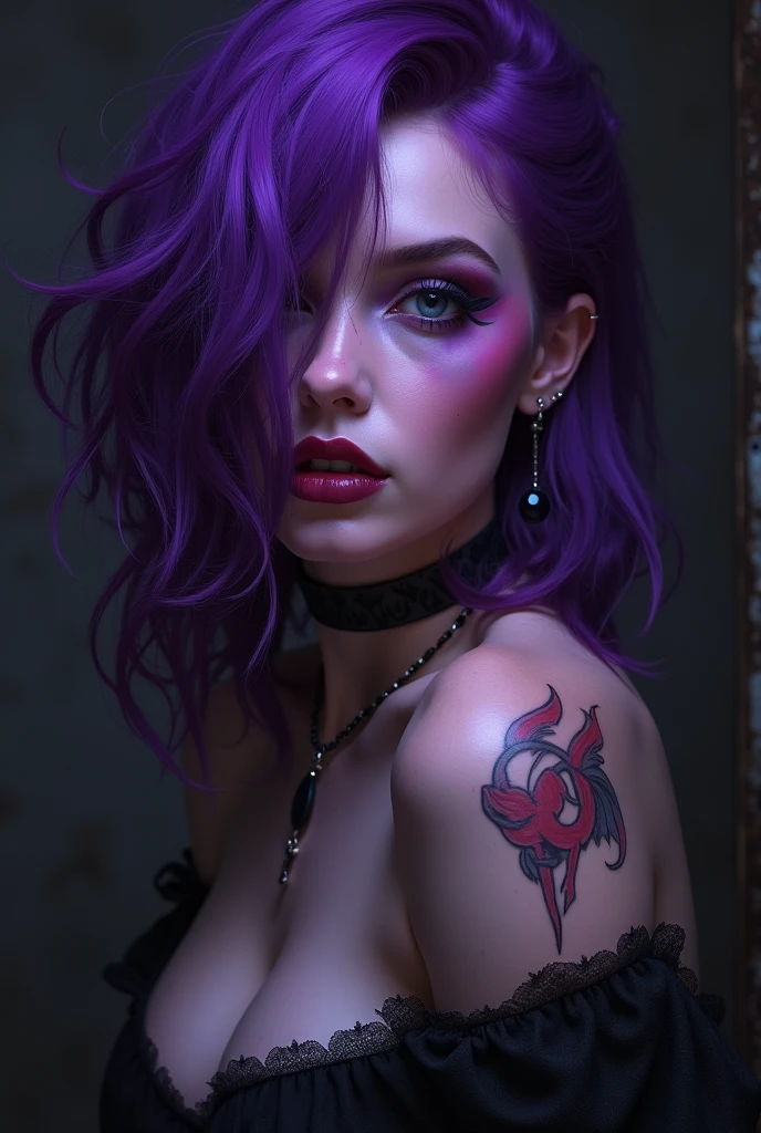 a beautiful girl with purple hair wearing a sexy outfit, detailed tattoos, extremely detailed face and eyes, beautiful detailed lips, longeyelashes, (best quality,4k,8k,highres,masterpiece:1.2),ultra-detailed,(realistic,photorealistic,photo-realistic:1.37),portrait,fashion,colorful,dramatic lighting,vibrant colors