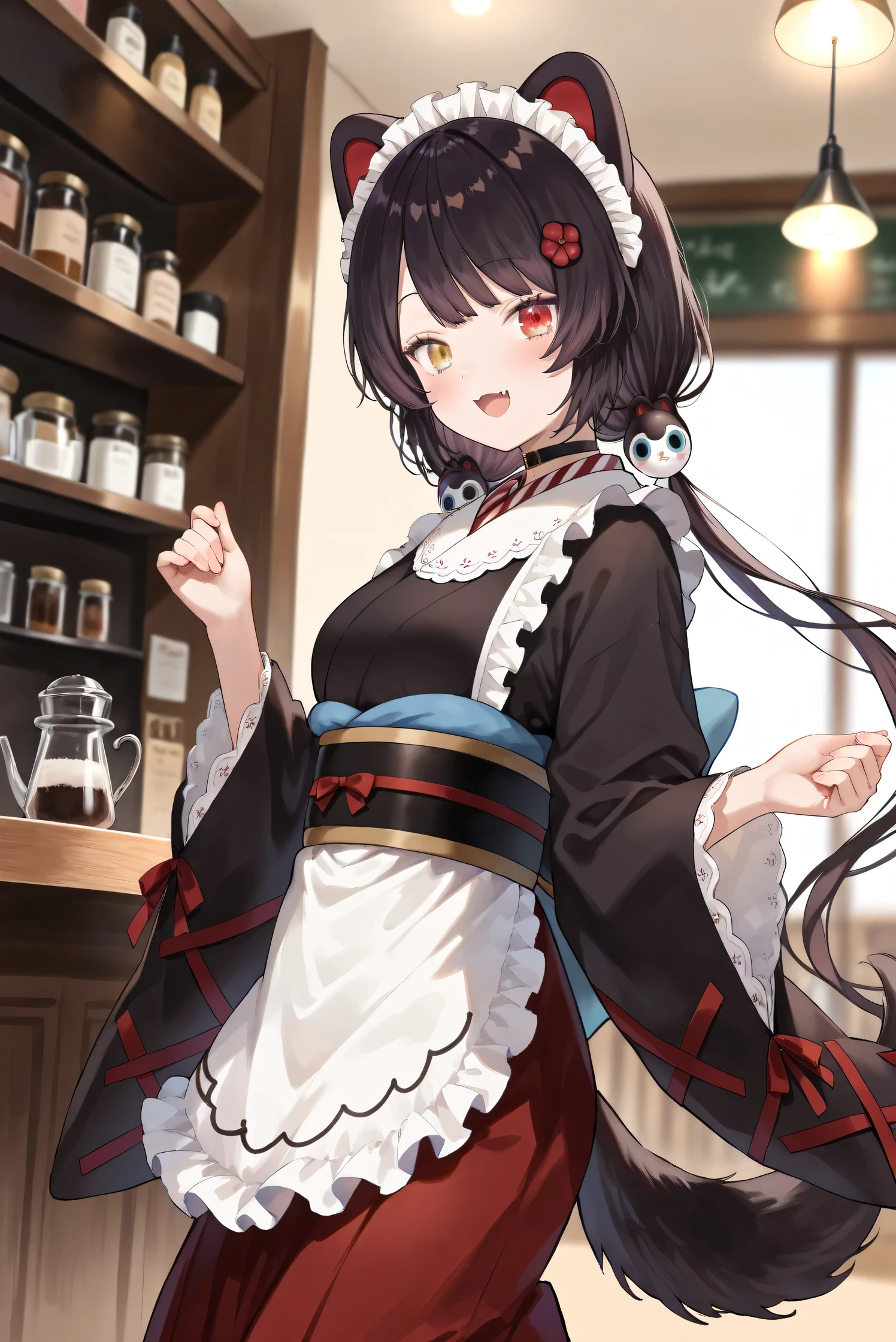 (Masterpiece), (Highest quality), (Very detailed),
(The best shape), (Best Shadow), (Absurd),
(Detailed background), (So beautiful), (Shiny),
(Extraordinary), (Countershading), (8k), (32K),
(High resolution), (Very Detailed CG), (UHD),
(Score_9), (Score_8_up), (Score_7_up),
(Source_anime), (Pastel painting:1.2),
(Watercolor painting:1.2),(Masterpiece, Detailed:1.2), (Foreshortening:1.2),
(Cinematic), (Dramatic), (Depth of field:1.4),
(Blurry background:1.4), (Realistic background:1.4),
(Dynamic angle), (1 girl), (Dynamic pose),
(From side),
(Coffee shop), (Antique Cafe), (Indoor),
(Inui Toko), (Nijisanji), (Virtual youtuber),
nijitoko, medium breasts, heterochromia,
red eyes, yellow eyes, black hair, dog girl, dog ears,
dog tail, long hair, low twintails, hair ornament,
nijitokocos, black kimono, black obi, sash,
waist apron, white apron, frilled apron, long apron,
long sleeves, wide sleeves, frilled sleeves,
hakama skirt, long skirt, red skirt, frilled skirt, choker, maid headdress,
(Blush:1.2),
(smile), (happy),
(Portrait), (Focus on face:1.2), (close up shot:1.2),
(Looking at viewer), (close her eyes),
(Talking to viewer), (Open mouth),
(Realistic skin), (Shiny skin),