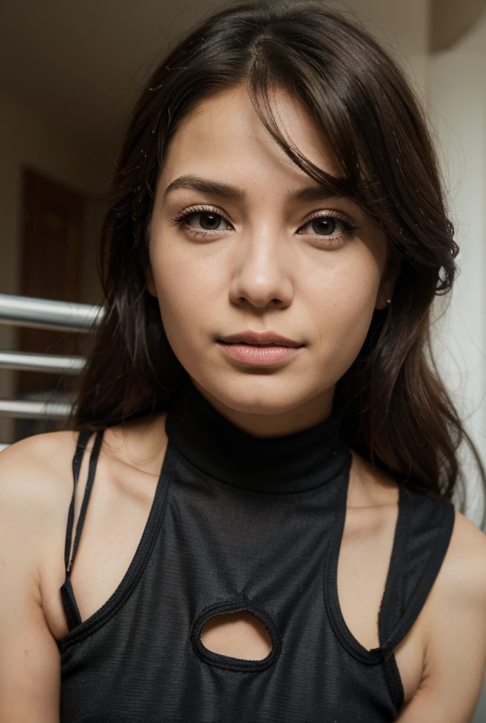 high angle photo of a gorgeous young woman in the style of stefan kostic, very very long hair, very big blue eyes, realistic skin texture, looks up,black sweatshirt, 1 / 2 body crop, 8 5 mm art lens, f 1. 2, sharp focus, 8 k high definition, insanely detailed, intricate, elegant,