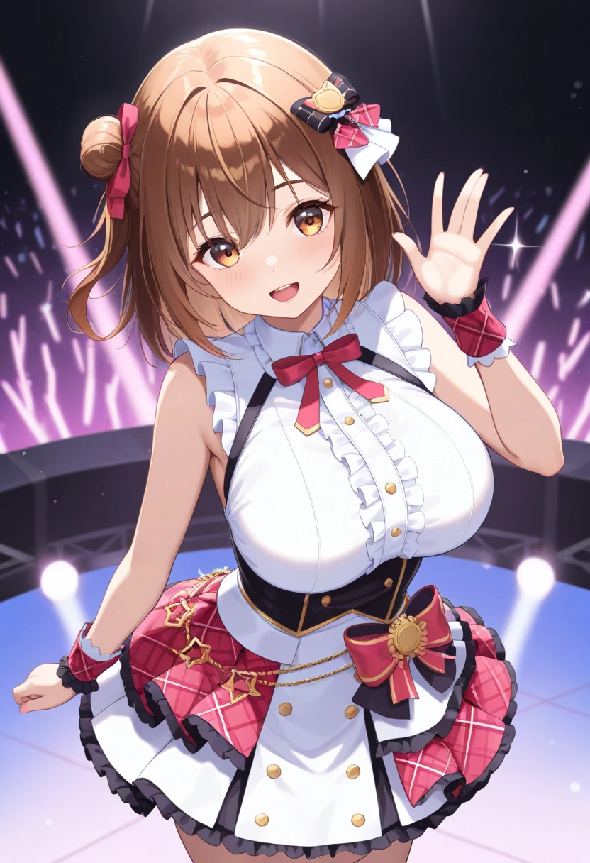 nabeshimachiyori, brown hair, hair bun, bangs, short hair, red eyes,, large breasts, live stage, solo, nipple