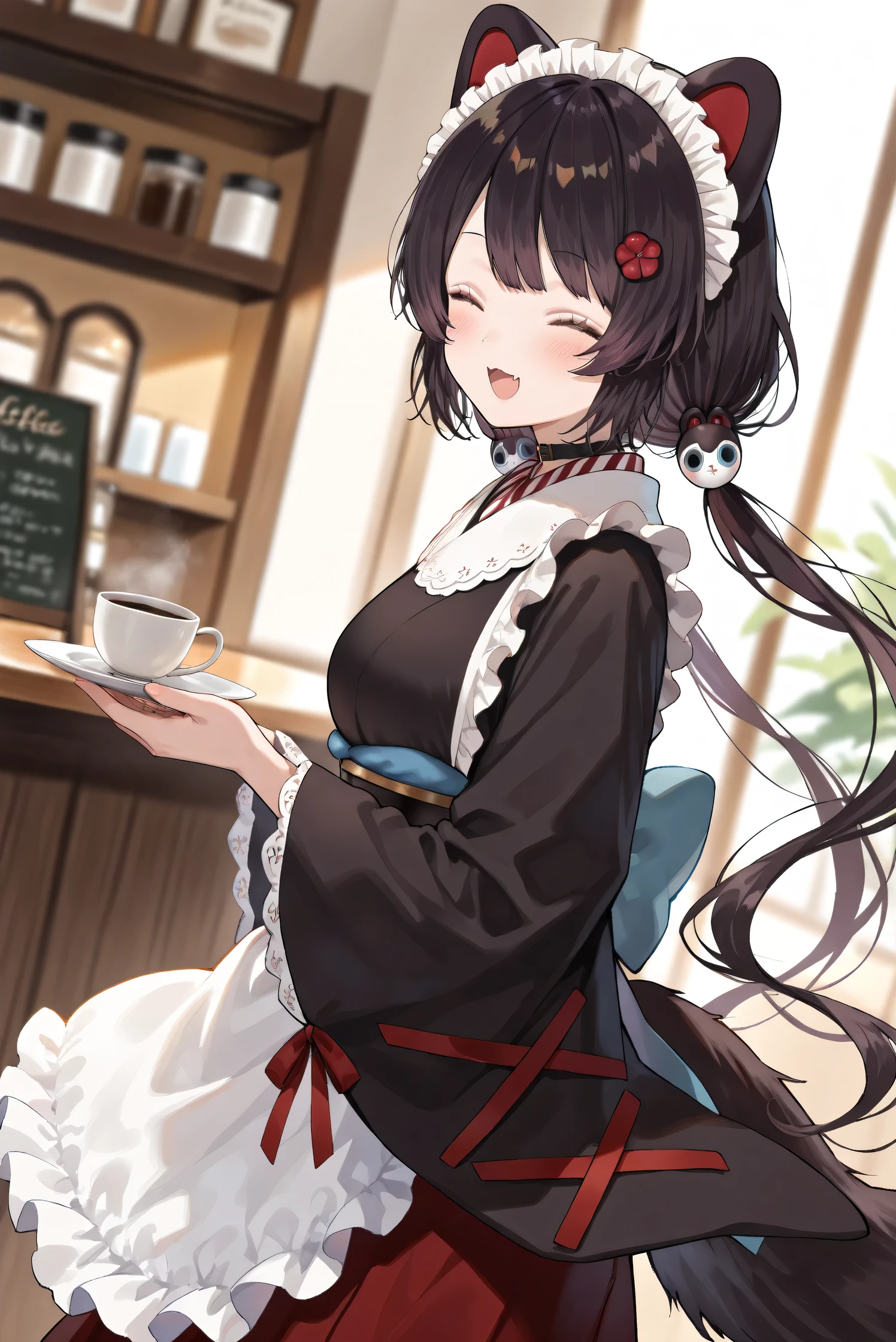 (Masterpiece), (Highest quality), (Very detailed),
(The best shape), (Best Shadow), (Absurd),
(Detailed background), (So beautiful), (Shiny),
(Extraordinary), (Countershading), (8k), (32K),
(High resolution), (Very Detailed CG), (UHD),
(Score_9), (Score_8_up), (Score_7_up),
(Source_anime), (Pastel painting:1.2),
(Watercolor painting:1.2),(Masterpiece, Detailed:1.2), (Foreshortening:1.2),
(Cinematic), (Dramatic), (Depth of field:1.4),
(Blurry background:1.4), (Realistic background:1.4),
(Dynamic angle), (1 girl), (Dynamic pose),
(From side),
(Coffee shop), (Antique Cafe), (Indoor),
(Inui Toko), (Nijisanji), (Virtual youtuber),
nijitoko, medium breasts,
black hair, dog girl, dog ears,
dog tail, long hair, low twintails, hair ornament,
nijitokocos, black kimono, black obi, sash,
waist apron, white apron, frilled apron, long apron,
long sleeves, wide sleeves, frilled sleeves,
hakama skirt, long skirt, red skirt, frilled skirt, choker, maid headdress,
(Blush:1.2),
(smile), (happy),
(Portrait), (Focus on face:1.2), (close up shot:1.2),
(Looking at viewer), (her eyes closed),
(Talking to viewer), (Open mouth),
(Realistic skin), (Shiny skin),