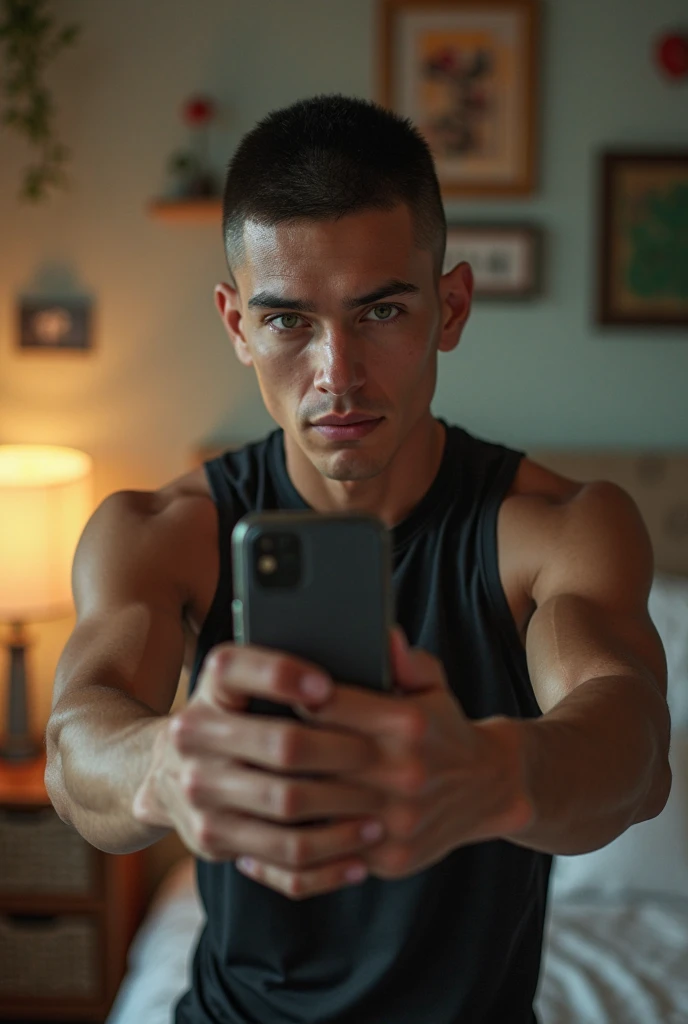 A shirtless young man is kneeling on the wooden floor, holding a white smartphone in his right hand. He has tattoos covering his chest, neck, and arms, including designs on his wrists and a wreath-like tattoo around his neck. His expression is soft, with a slightly parted mouth, and he gazes upward at the camera, giving a playful and suggestive look. He wears black shorts and a backward-facing black cap. The setting appears to be a room with hardwood flooring, a bed in the background, and some lighting equipment around him.