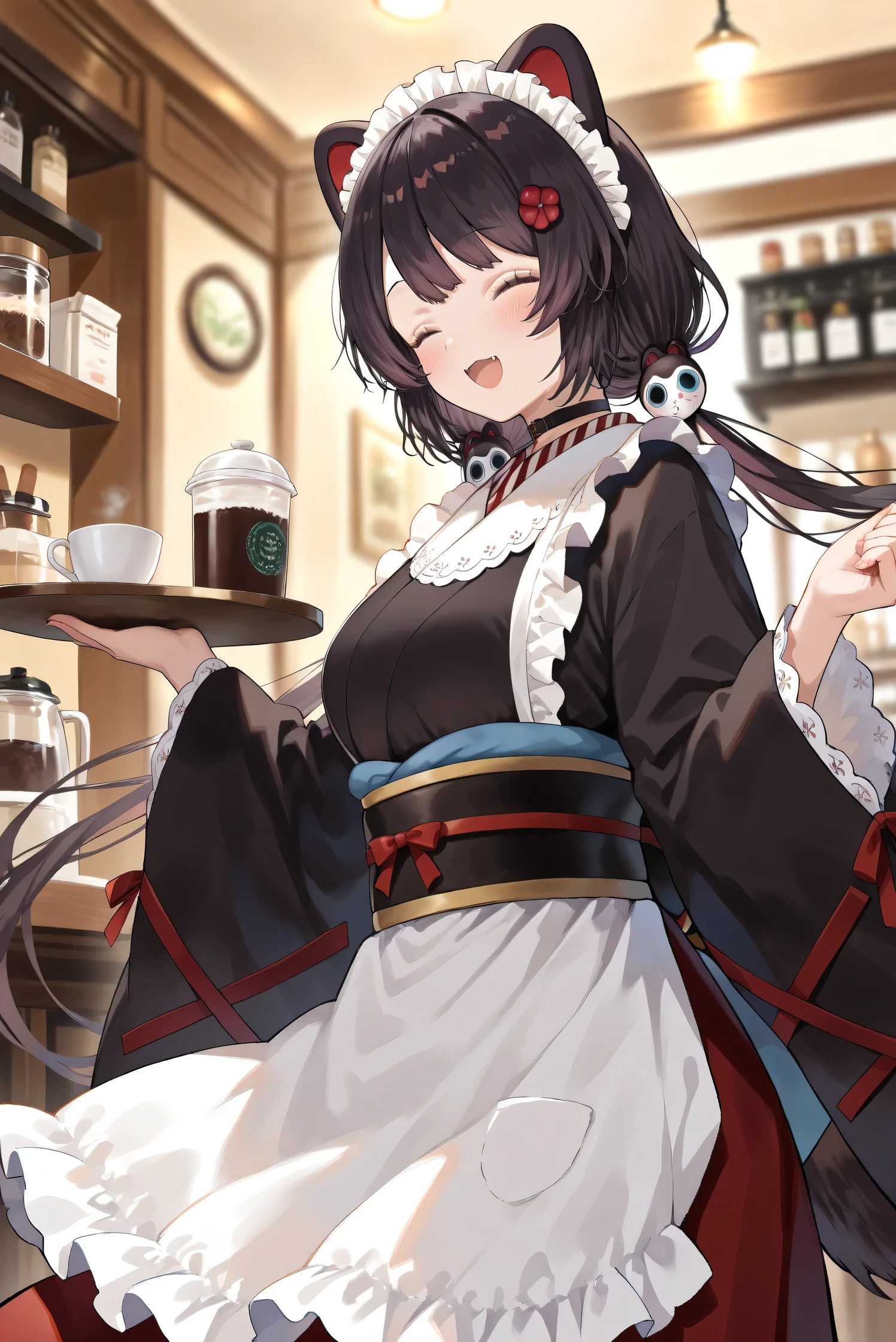 (Masterpiece), (Highest quality), (Very detailed),
(The best shape), (Best Shadow), (Absurd),
(Detailed background), (So beautiful), (Shiny),
(Extraordinary), (Countershading), (8k), (32K),
(High resolution), (Very Detailed CG), (UHD),
(Score_9), (Score_8_up), (Score_7_up),
(Source_anime), (Pastel painting:1.2),
(Watercolor painting:1.2),(Masterpiece, Detailed:1.2), (Foreshortening:1.2),
(Cinematic), (Dramatic), (Depth of field:1.4),
(Blurry background:1.4), (Realistic background:1.4),
(Dynamic angle), (1 girl), (Dynamic pose),
(From side),
(Coffee shop), (Antique Cafe), (Indoor),
(Inui Toko), (Nijisanji), (Virtual youtuber),
nijitoko, medium breasts,
black hair, dog girl, dog ears,
dog tail, long hair, low twintails, hair ornament,
nijitokocos, black kimono, black obi, sash,
waist apron, white apron, frilled apron, long apron,
long sleeves, wide sleeves, frilled sleeves,
hakama skirt, long skirt, red skirt, frilled skirt, choker, maid headdress,
(Blush:1.2),
(smile), (happy),
(Portrait), (Focus on face:1.2), (close up shot:1.2),
(Looking at viewer), (her eyes closed),
(Talking to viewer), (Open mouth),
(Realistic skin), (Shiny skin),