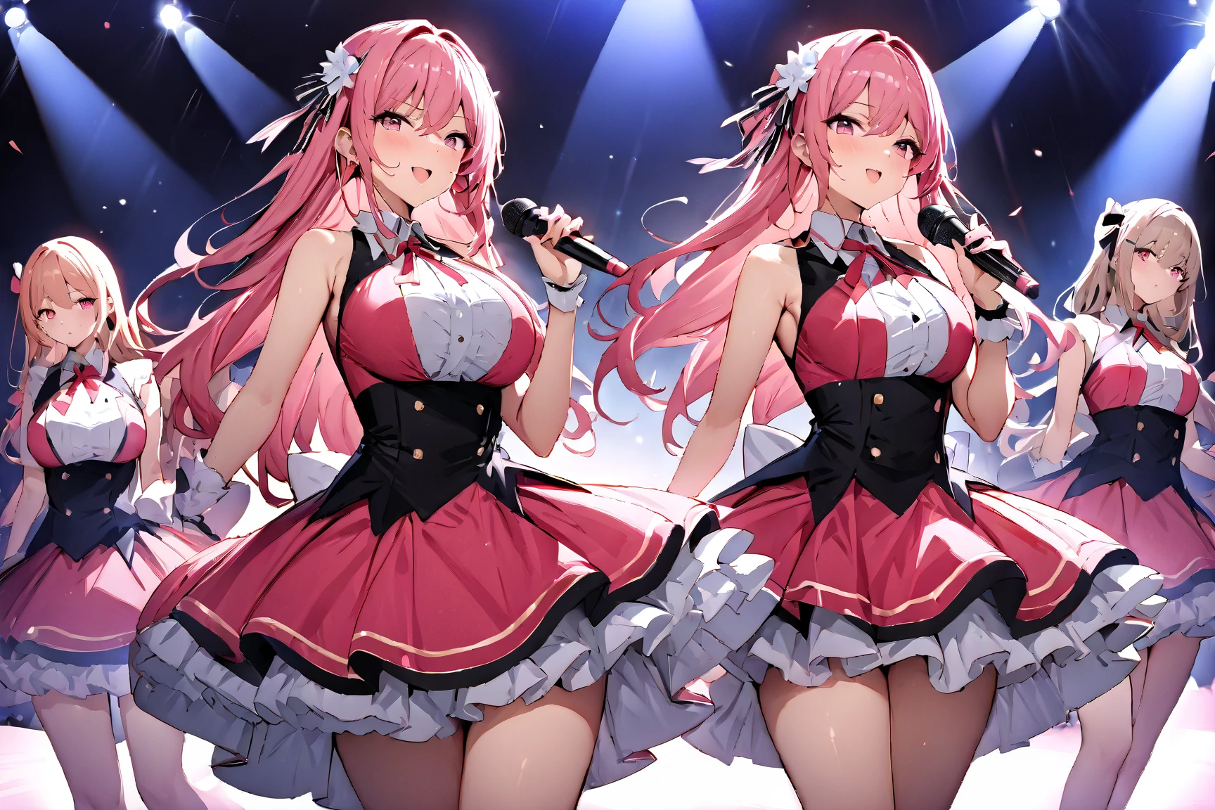 (Highest quality, 4K, High resolution, masterpiece:1.2), Very detailed,nsfw, (cameltoe:1.2), (anus), splashing semen, (multiple boys), (hetero), (((he grope girl))), ((grope from behind)), ((cum on body)), medium breasts, ((detail erectile nipples)), (,High Contrast), Cinematic Light, Bright colorsと魅惑的な効果, Soft and delicate lighting, Lens flare, (1 Girl),pink hair, twin tails, Straight hair, Red eyes, jewelry, Earrings, Style idol costume, Pleated skirt, Gingham Check Skirt, Beautiful thighs, smile, Open your mouth, ((cum on face)), ((Random Action Pose:1.2)), ((With microphone, sing:1.1)), Beautiful Skin, Shiny skin, Perfect Fingers, Five Fingers, ((Live Stage:1.2)), Background Blur, Bright colors.