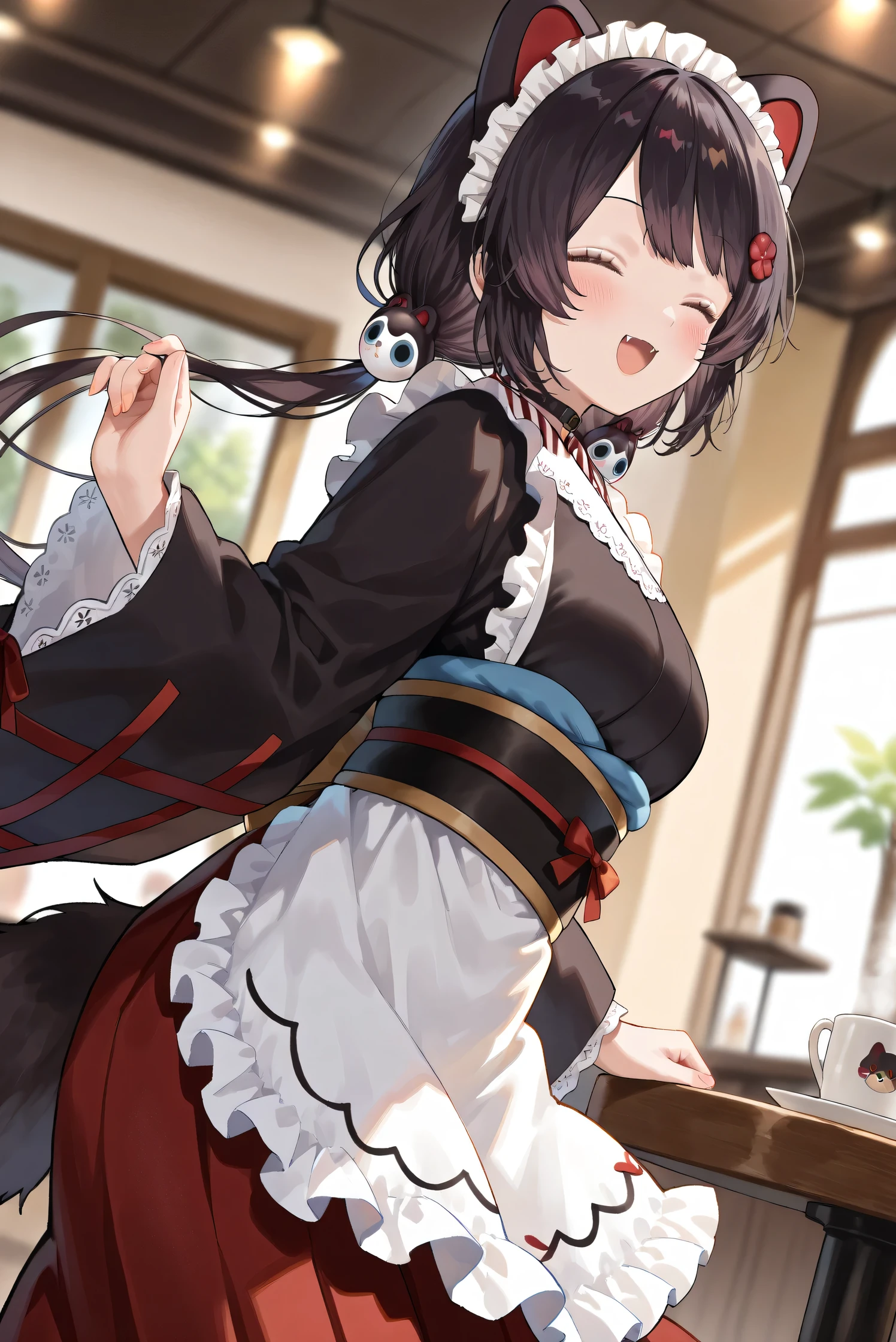 (Masterpiece), (Highest quality), (Very detailed),
(The best shape), (Best Shadow), (Absurd),
(Detailed background), (So beautiful), (Shiny),
(Extraordinary), (Countershading), (8k), (32K),
(High resolution), (Very Detailed CG), (UHD),
(Score_9), (Score_8_up), (Score_7_up),
(Source_anime), (Pastel painting:1.2),
(Watercolor painting:1.2),(Masterpiece, Detailed:1.2), (Foreshortening:1.2),
(Cinematic), (Dramatic), (Depth of field:1.4),
(Blurry background:1.4), (Realistic background:1.4),
(Dynamic angle), (1 girl), (Dynamic pose),
(From side),
(Coffee shop), (Antique Cafe), (Indoor),
(Inui Toko), (Nijisanji), (Virtual youtuber),
nijitoko, medium breasts,
black hair, dog girl, dog ears,
dog tail, long hair, low twintails, hair ornament,
nijitokocos, black kimono, black obi, sash,
waist apron, white apron, frilled apron, long apron,
long sleeves, wide sleeves, frilled sleeves,
hakama skirt, long skirt, red skirt, frilled skirt, choker, maid headdress,
(Blush:1.2),
(smile), (happy),
(Portrait), (Focus on face:1.2), (close up shot:1.2),
(Looking at viewer), (her eyes closed),
(Talking to viewer), (Open mouth),
(Realistic skin), (Shiny skin),