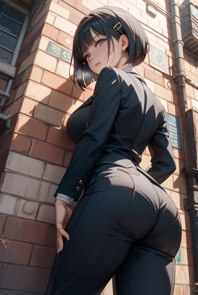 (solo), pitch black hair, messy hair, mane hair, short hair, dense hair, wild hair, expressive hair, mature,(25 year old), pale skin, ((Female)), grey eyes, beautiful girl, wearing a black shirt, emerald green trench coat, white dress pants, open suit, thicc, beautiful, attractive, big breast, medium ass, eye reflection, depth of field, thunder aura, cinematic lighting, ray tracing, depth of field, cinematic lighting, ray tracing, UHD, high details, best quality, highres, high quality, award winning, super detail, masterpiece, 8k, UHD, high details, best quality, highres, high quality, award winning, super detail, masterpiece, 8k, digital art, anime coloring, body shot, good face, perfect face, detailed face, good eyes. The background is a mall