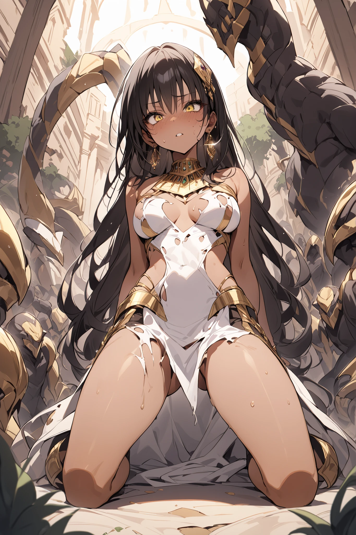 {{amazing quality, great quality, high quality, very aesthetic, aesthetic, best quality}}}},
realistic, photo, shadow, Three-dimensional, absurdres, Digital art,
{{{{Magical girl}}}}, beautiful girl, one girl,
black hair, long straight hair, hair, trimmed hair, shiny hair, blunt bangs, short sideburns,
brown eyes, tareme,
{{flat chest}}, {{small breasts}}, {{detailed body}}, slim thighs, thin thighs, {{{{{Princess Knight}}}}}, {{{{white full body tights}}}}}, {{{golden breastplatered}}}, {{{Visible chest}}}, {{gold chest armor}}, {{gold arm armor}}, {{gold leg armor}}, {{{{covered navel}}}}, {{{both shoulders expose}}}, heart-shaped choker on left arm, upper body, heart brooch, white headband, white circlet, distress, resistance, defeat, inferiority, sexual pleasure, troubled face, shy, orgasm, trembling, disheveled hair, torn clothes, wet clothes, melted clothes, damaged clothes, take off one's clothes, transparent clothes, groin, vagina, {{{{{紳士ハンド}}}}}, monster's hand floating in the air, Massaged by multiple monster's hand, Mangled by multiple monster's hand, multiple perverts, clothed sex, Intercrural legs, rape, bind, restrain the arms, restraining legs, attacking multiple monster, My chest is caressed by multiple monster, My crotch is caressed by multiple monster, My body is licked by multiple monster, My armpits are licked by multiple monster, My nipples are licked by multiple monster, My crotch is licked by multiple monster,