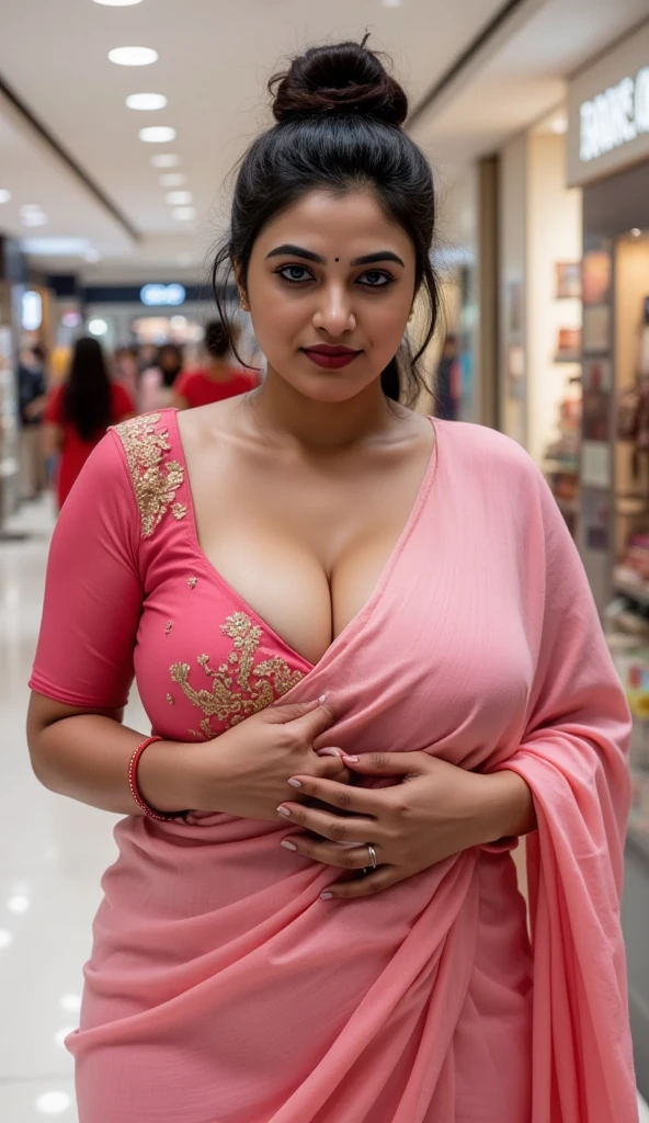 (((desi girl))), chubby face, natural skin, wearing hot deep neck blouse and dupatta, showing a bit of cleavage, voluptuous, charming black hair, ((hair ends are blonde)), city streets background, bokeh