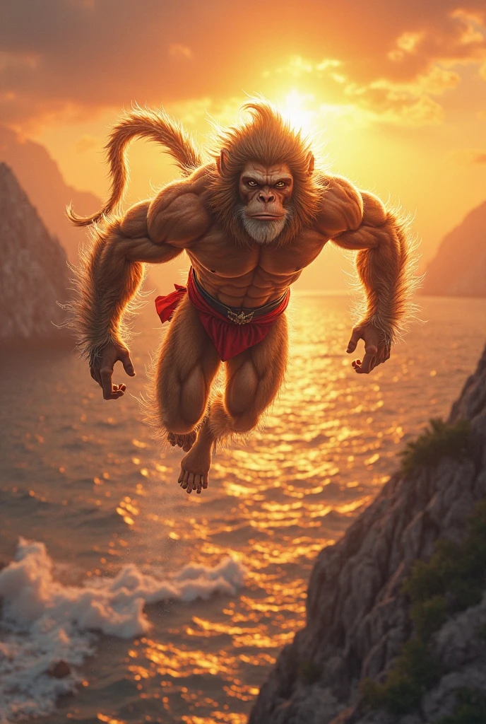 In cenamatic 3d cartoon style "Illustrate Hanuman leaping across the ocean with a determined expression. In the background, a vast sea stretches out, with Hanuman’s powerful leap captured in mid-air."