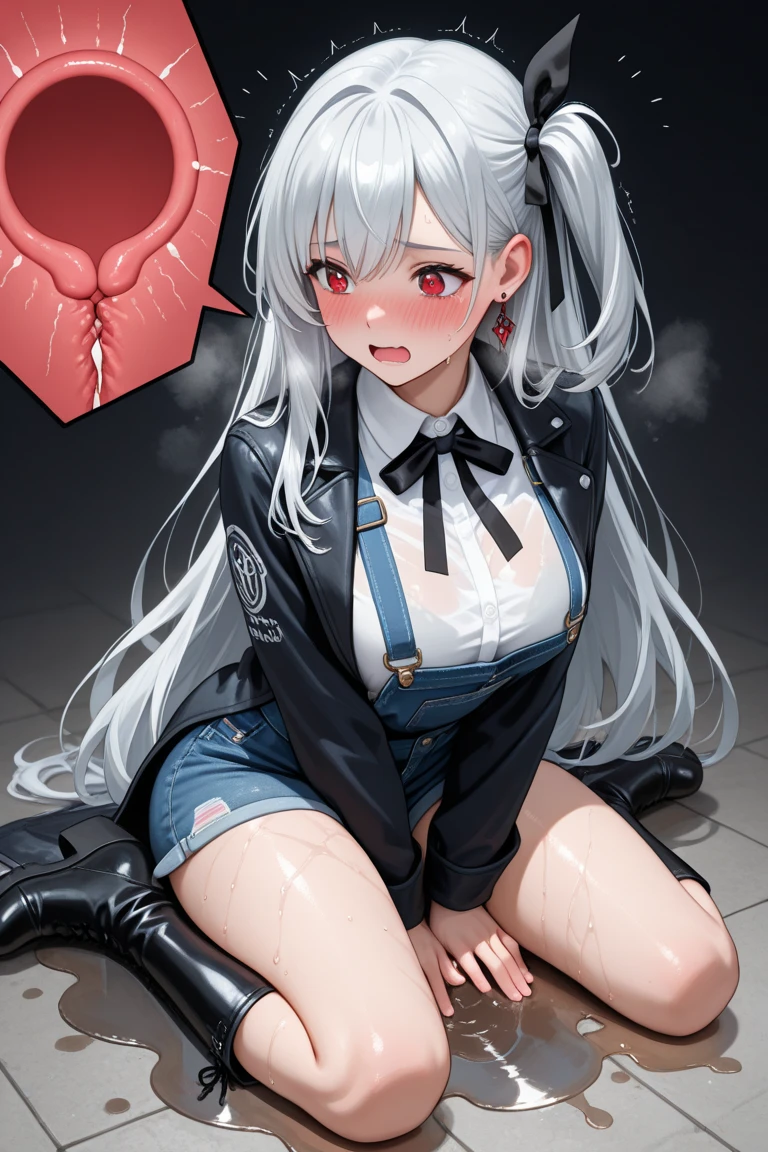 Waist-length hair tied in a high ponytail、Move the tick part to the side、Big breast beauty(Tall Woman, Slim figure, Firm breasts)、Estruating from behind、Squat、Girl straddling guys(Cowgirl)、Penis in vagina(The glans reaches the uterus)Inserted(SEX)、in the middle、 Dripping from the vagina、Showing vagina、Thin pubic hair、Open your shirt、Show your breasts、Nipples erect、Dripping saliva、Red cheeks、Dementia smile、close your eyes、A close-up look at thighs from a low angle、Ahegao、Cowboy Shot、Front facing,Realistic photos、、NSFW、、Front tucked up、From below、orgasm