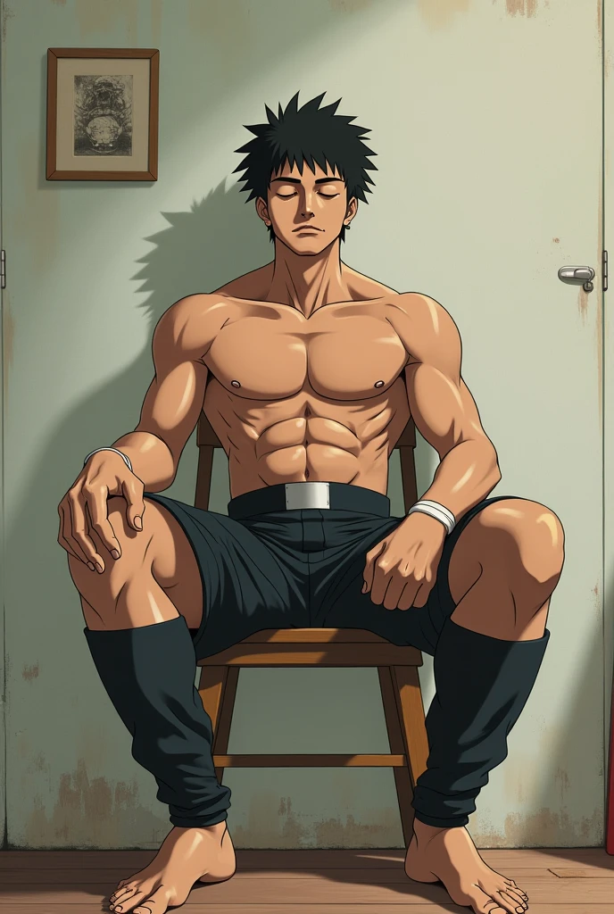 A young muscular attractive anime man with white hair and a blindfold. He is sitting naked in a chair and his bare soles are showing in the camera