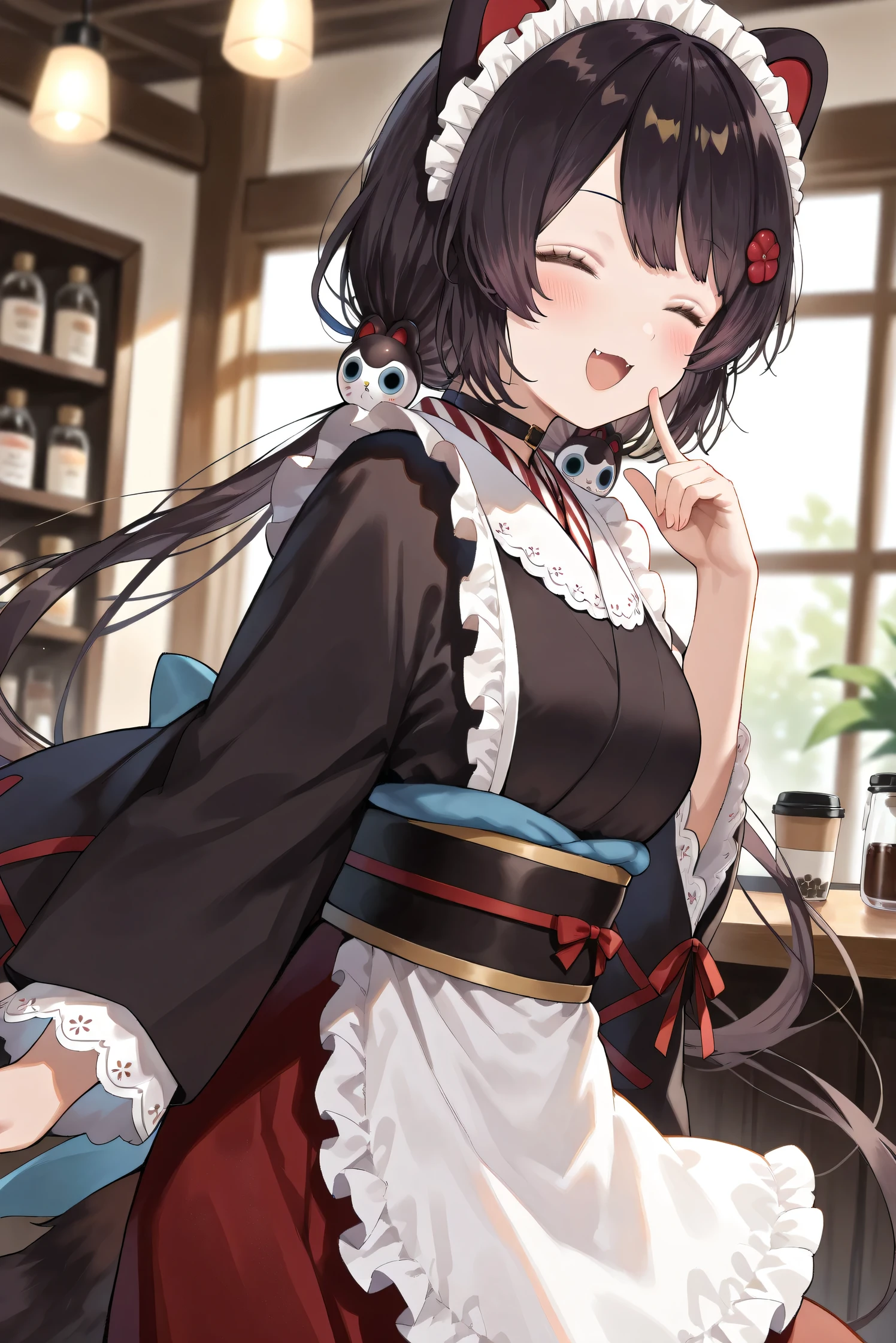 (Masterpiece), (Highest quality), (Very detailed),
(The best shape), (Best Shadow), (Absurd),
(Detailed background), (So beautiful), (Shiny),
(Extraordinary), (Countershading), (8k), (32K),
(High resolution), (Very Detailed CG), (UHD),
(Score_9), (Score_8_up), (Score_7_up),
(Source_anime), (Pastel painting:1.2),
(Watercolor painting:1.2),(Masterpiece, Detailed:1.2), (Foreshortening:1.2),
(Cinematic), (Dramatic), (Depth of field:1.4),
(Blurry background:1.4), (Realistic background:1.4),
(Dynamic angle), (1 girl), (Dynamic pose),
(From side),
(Coffee shop), (Antique Cafe), (Indoor),
(Inui Toko), (Nijisanji), (Virtual youtuber),
nijitoko, medium breasts,
black hair, dog girl, dog ears,
dog tail, long hair, low twintails, hair ornament,
nijitokocos, black kimono, black obi, sash,
waist apron, white apron, frilled apron, long apron,
long sleeves, wide sleeves, frilled sleeves,
hakama skirt, long skirt, red skirt, frilled skirt, choker, maid headdress,
(Blush:1.2),
(smile), (happy),
(Portrait), (Focus on face:1.2), (close up shot:1.2),
(Looking at viewer), (her eyes closed),
(Talking to viewer), (Open mouth),
(Cover her mouth with her hand),
(Realistic skin), (Shiny skin),