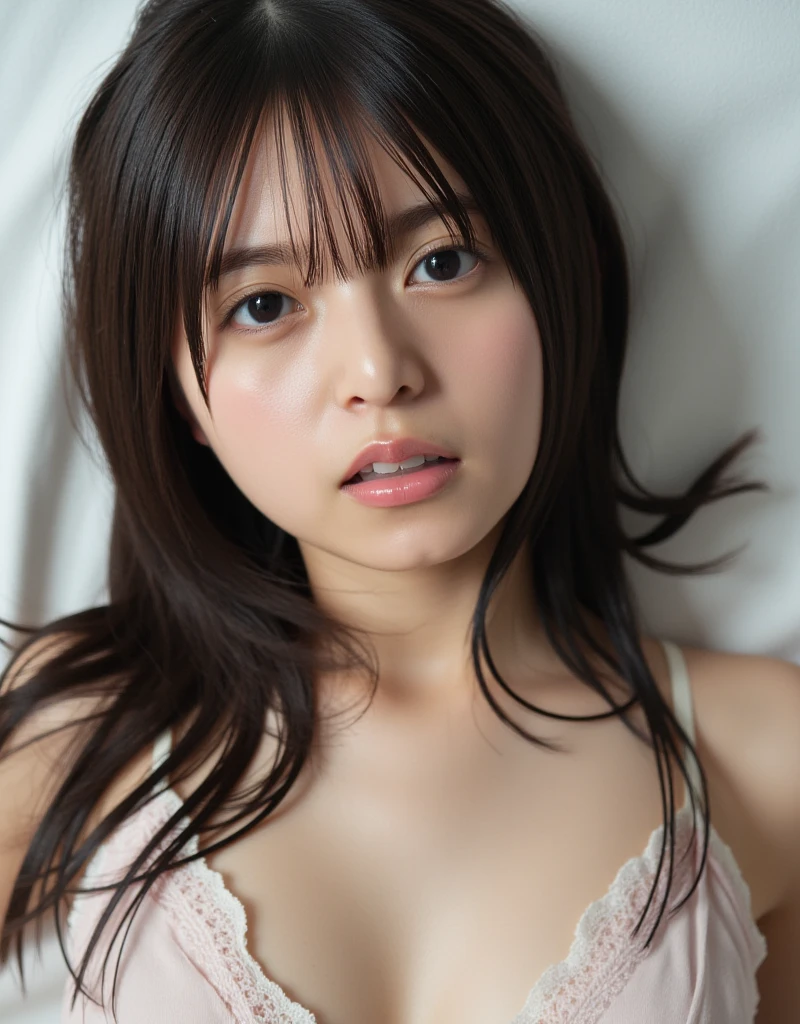 a beautiful young woman lying on a bed, full nude, with a close-up of her face showing exquisitely detailed eyes and lips, D-cup breasts, and spread legs revealing her pussy, masterpiece, best quality, 8k, hyperrealistic, raw photography, realistic skin texture, film grain, selfie angle