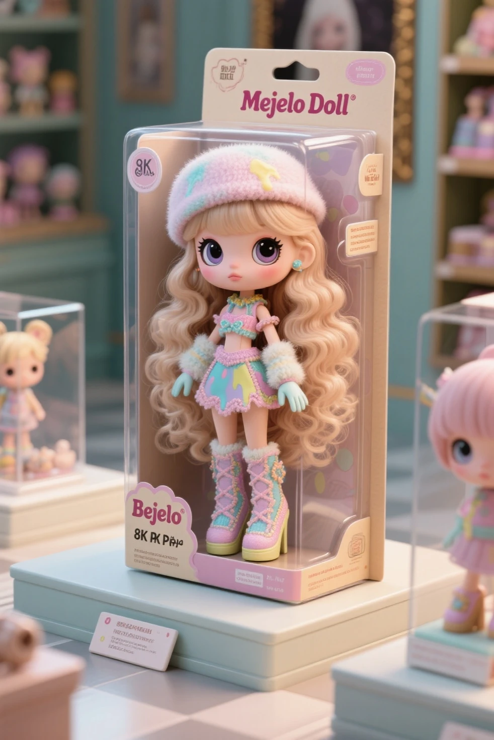 Make a Funko Pop doll inside the box, Blonde and quite beautiful, with the name "Violet Belmont" on the box.
