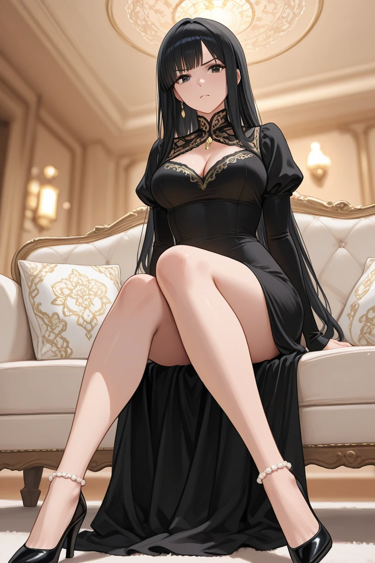 アニメ , an 18 year old princess, pretty, {gold tiara with sapphire and ruby stones}, {face perfect}, {Bblack hair}, {blue colored eyes}, {asymmetrical eyes}, {perfect nose}, {red lips}, {full body 5.0}, {modern long dress inspired by princesses in red and black with rich details}, {{sitting, in a castle}
{8k image}, {128k ultra resolution}, {ultra quality 128k}, {128k high quality sharpness}