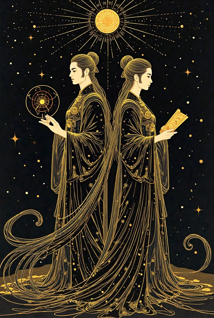 Two figures depicted in different eras and locations, each with a distinct appearance. An invisible thread connects them, symbolizing their soul bond. The background features either a mandala, the cosmos, or a symbolic landscape. Their expressions convey a range of emotions: nostalgia, love, sorrow, and joy.