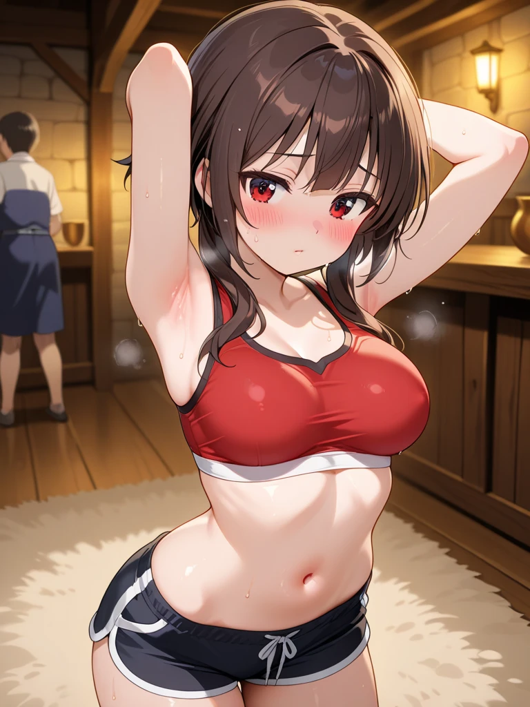 mai shiranui、Detailed Description、high resolution、One Girl、Slender、Light brown hair、long hair、ponytail、(blush)、Troubled face、Nipples are visible、White panties、Leaning forward、Looking up、belly button