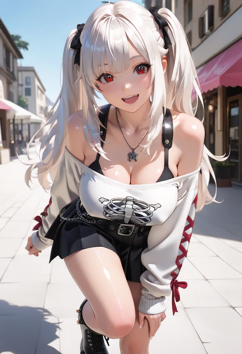(best quality,4K,8k,high resolution,masterpiece),super detailed,pigtails, x ornament, white hair, freckles on nose, (red eyes), long hair,Ultra high definition face, Woman wearing purple tight shorts and white sneakers posing for photo, Tik, exposed thighs!!!, Gray tight blouse, White sneakers, in the park, Nice butt and long legs, wearing tight simple clothes, tights, Gray top, round thighs, pretty face,arms and legs, large breasts, large , huge breast, hourglass figure, Thin waist and thick hips, Pelvis larger than shoulder blades, wide pelvis, fitness model, rosy cheeks, blush, big lips,