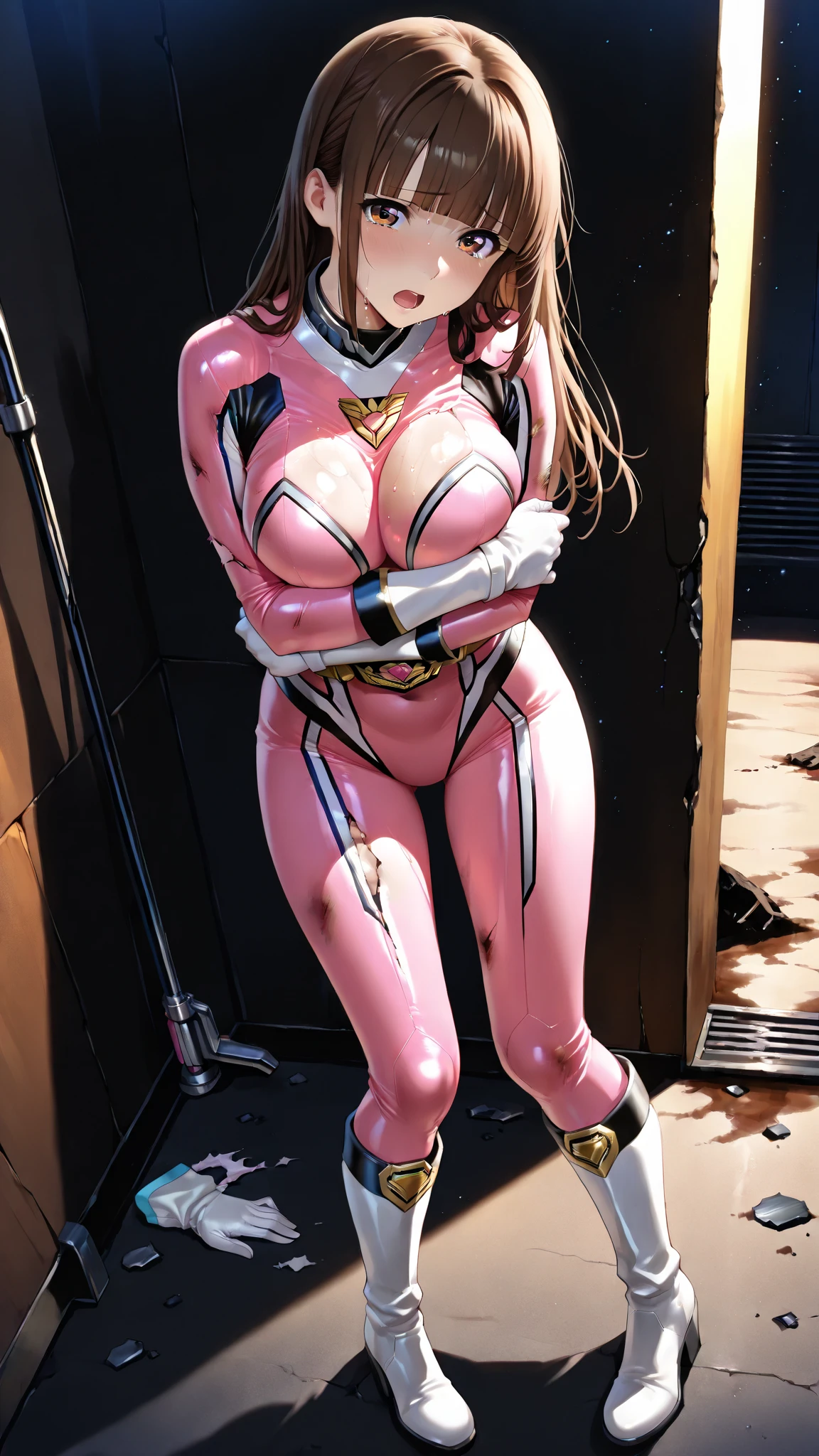 (masutepiece:1.2, very detailed portrait:1.2, Best Quality:1.2, High resolution:1.2, 16K HDR:1.2), reflective light, super beautiful female heroine, ((Anatomically correct)), ((1 girl in)), Solo, ((ultra gigantic tits:1.5, super gigantic breast:1.5, SuperHuge boobs:1.5, ultra huge cleavage:1.5, Face helmet that does not expose eyes or hair:1.3)), (torn body suit:1.3, Exposed nipples:1.3, Full body suit in pink color, latex suit, (Thick and intricate lines drawn on the chest, Lines on the sides of the suit, a belt, the suit is pink、Also includes long gloves, White boots), (Very shiny helmet and suit), Three-dimensional helmet, fighting poses, ((In an abandoned building, underground)), (Tongue out:1.6, long tongue:1.6),