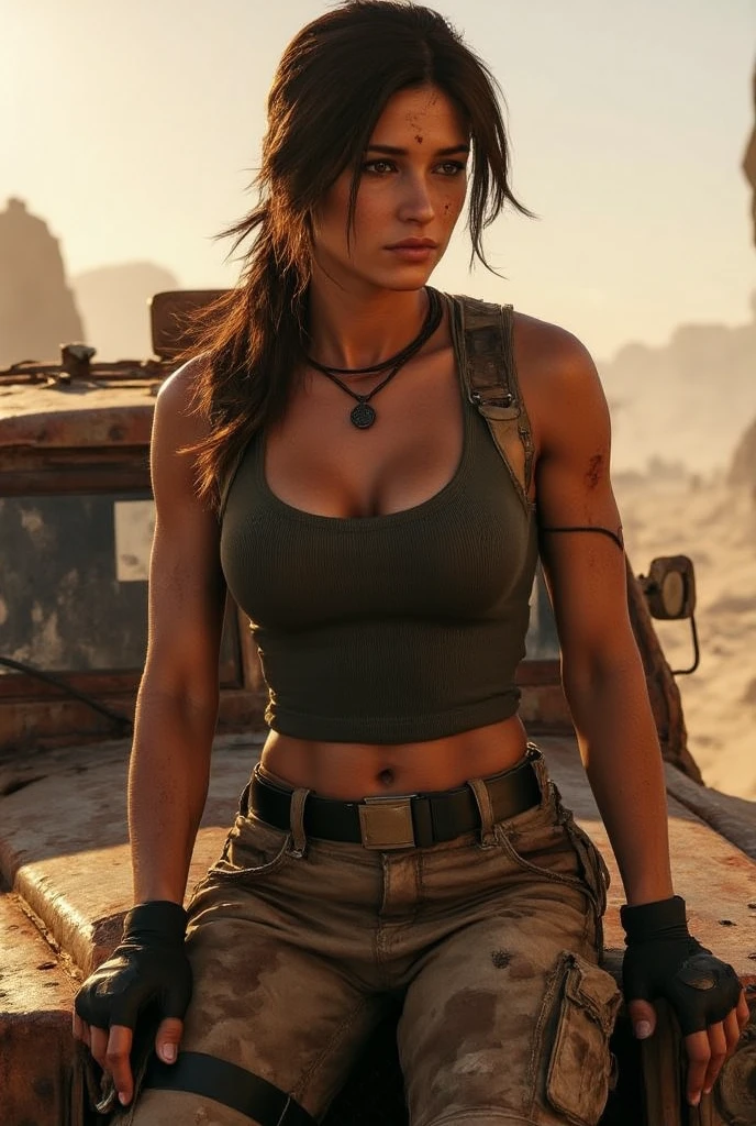 Lara Croft standing in front of a ((Jeep Wrangler)) in the desert, there is an erupting volcano in the background behind Lara, it's night, the scene is lit by the fire from the volcano, Lara Croft wearing a light blue shirt and black shorts, DLSR, sharp focus, soft lighting, masterpiece, perfect face, ultra detailed face, perfect brown eyes, beautiful face, photorealistic, 8k, masterpiece, big rocks falling in the background