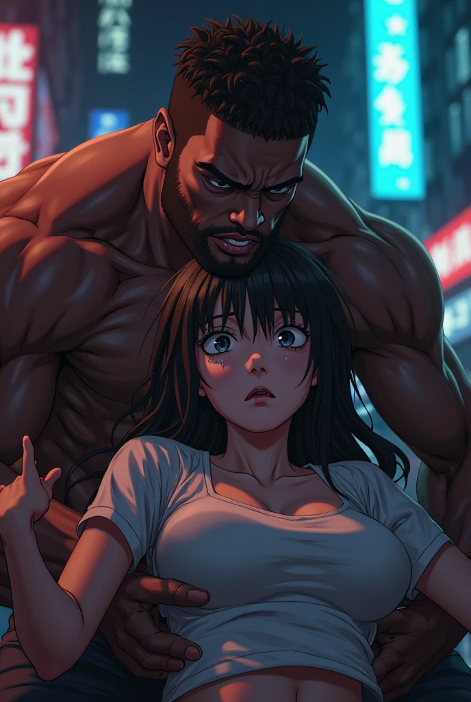 Manga a bored black haired girl and a big black man