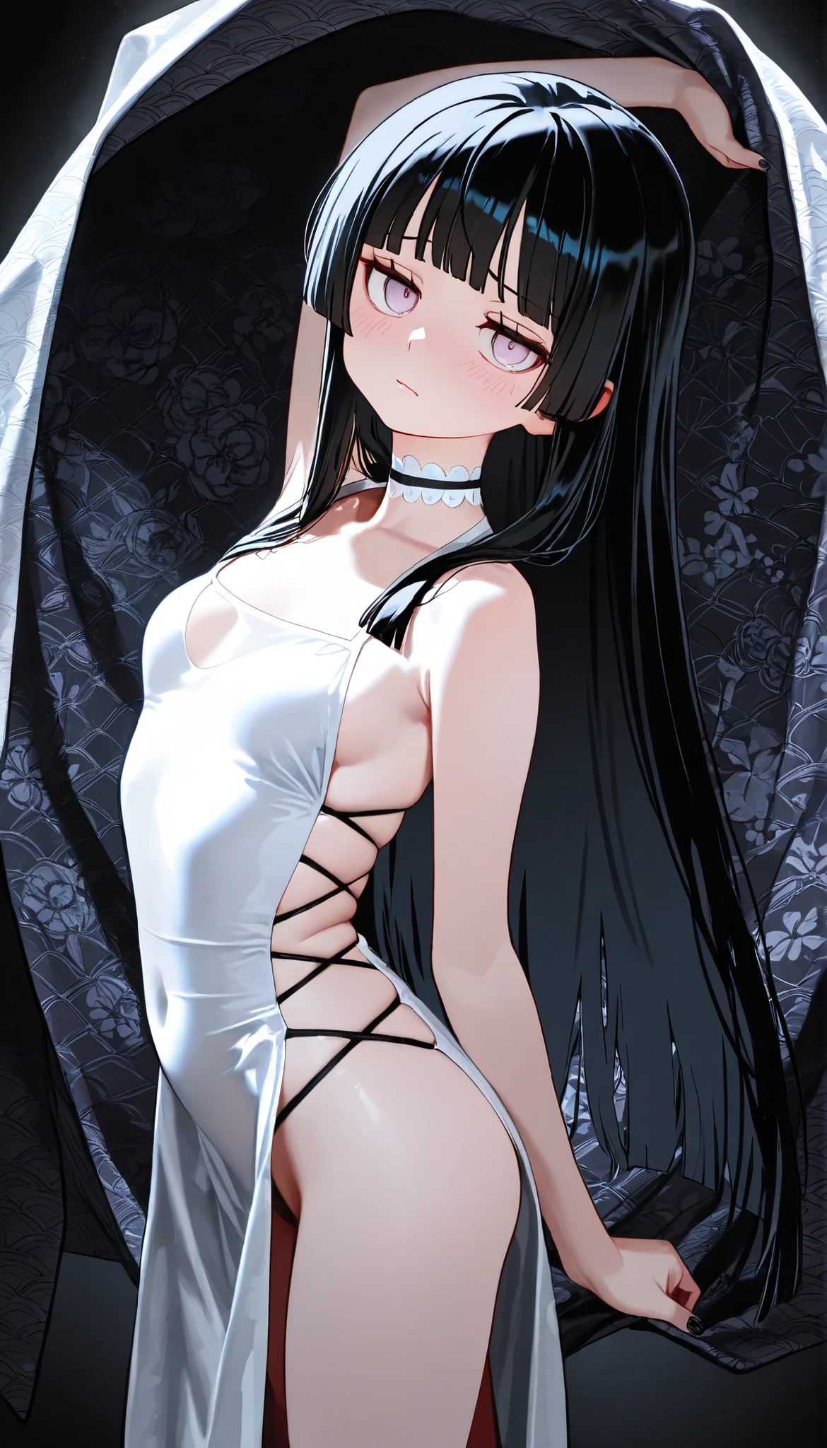 black long straight hair,grown woman,White transparent dress,did not wear underwear