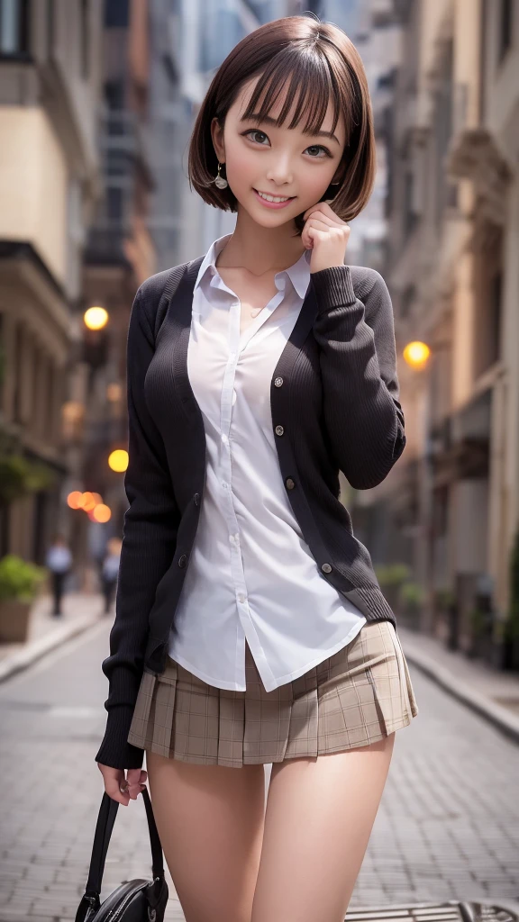extremely detailed CG unity 8k wallpaper, best quality, ultra-detailed, masterpiece, realistic, photo realistic, extremely detailed cute girl, 20years old, (skirt lift), ((skirt lift by myself)), white panties , panties focus, blush, parted lips, looking at viewer  , half body shot , wearing cardigan  , crowd, crowded street , bob cut