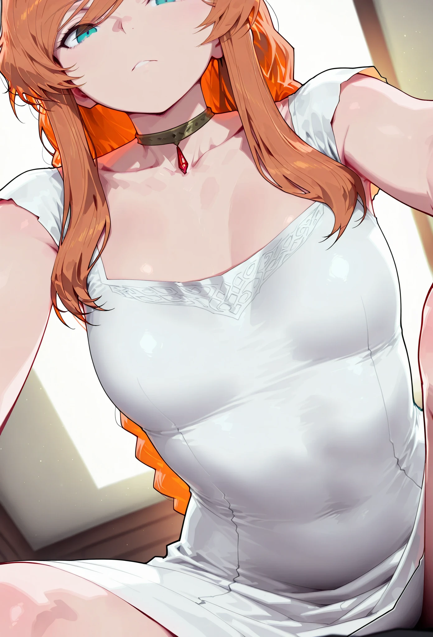 (harayutaka art style:0.7), score_9, score_8_up, score_7_up, score_6_up, score_5_up, score_4_up, uncensored, Priscilla Barielle, orange hair, red eyes, braided bangs, braid, hair bow, BREAK (masterpiece:1.2), best quality, high resolution, (detailed eyes:1.3), perfect lighting, (perfect hands, perfect anatomy), large , sagging breasts, breasts, leashwear, 1boy, thighhighs, collar, panties, navel, bra, upper teeth only, drooling, hetero, blush, white bra, cleavage, red collar, white teeth, holding leash, bottlt, black thighhighs, animal collar, underwear only, holding, strap slip, faceless male, spread legs, arm up, hand on another's stoms, sitting on person, looking viewer, skindentation, faceless, curvy, plump, sweating,