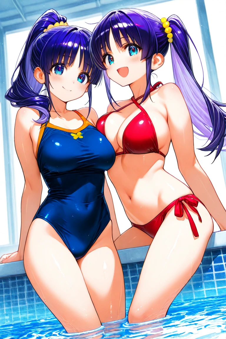 (masterpiece), best quality, (16k), expressive eyes, perfect face, agers, 2 girls, large breast, navel, ((topless)), (((wet cobalt blue buruma))), gym uniform, bare arms, bare legs, shiny skin, wet body, outdoors, in the pool, wading, night sky, black hair, wet hair, straight middle hair, black eyes, smile, standing, (upper body), (from behind),