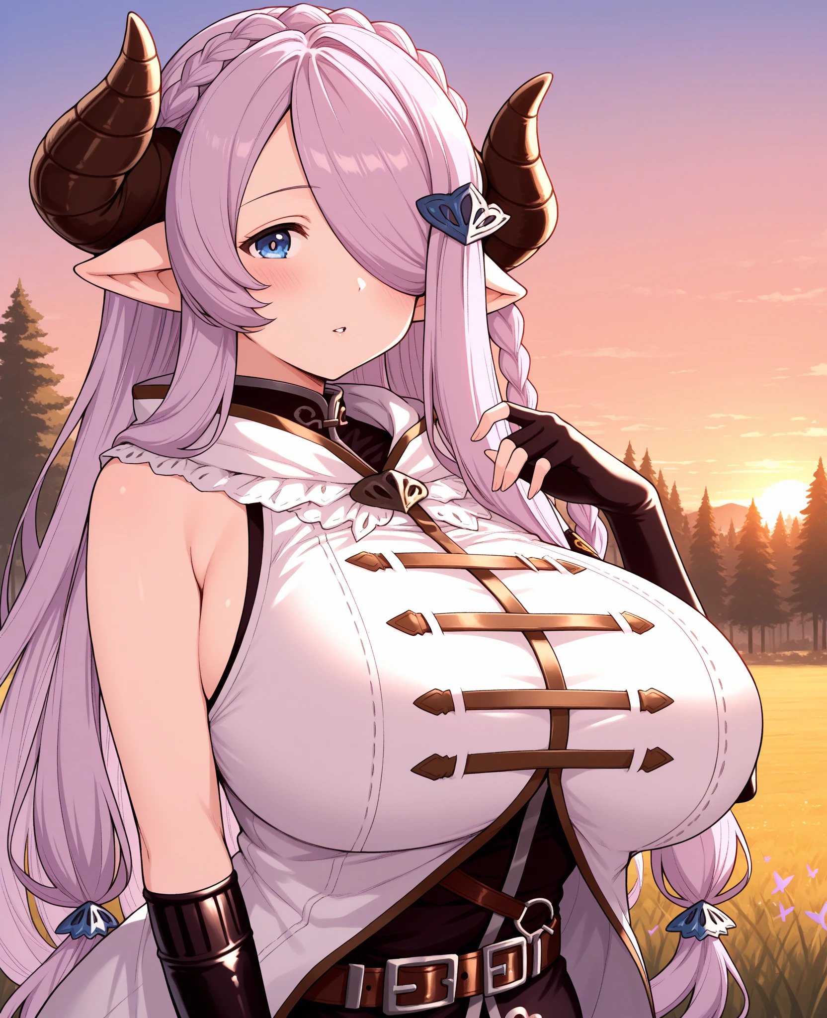 1 sheep woman, sheep's snout, shaman outfit, white hair, sheep horns, dark-skinned female, furry_female, dark skin, sheep skin, fur sheep, anime art, muscular female, biceps, muscular thighs, pointed nails, messy hair, very long_hair, hair between eyes, white eyes, perfect eyes, shaman armor, furry, moonlight, fur_trim, monster_girl, original, (masterpiece), (illustration), (extremely fine and beautiful), perfect detailed, photorealistic, (beautiful and clear background:1.25), (depth of field:0.7), forest, moon