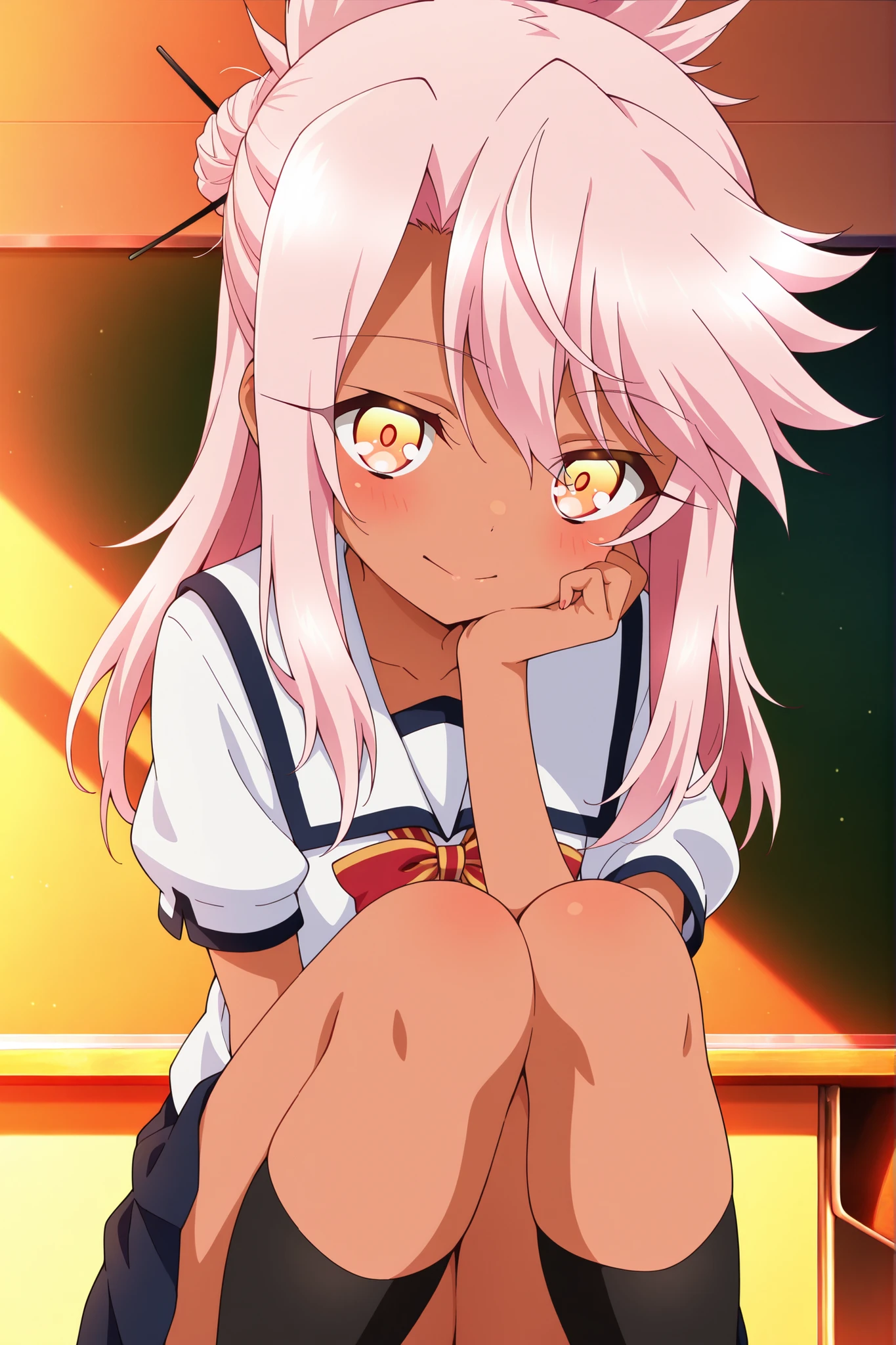 masterpiece, best quality, amazing quality, absurdres, highres,(anime screencap),solo, 1girl,chloe von einzbern,dark skin, pink hair, orange eyes, medium hair,school uniform ,classroom