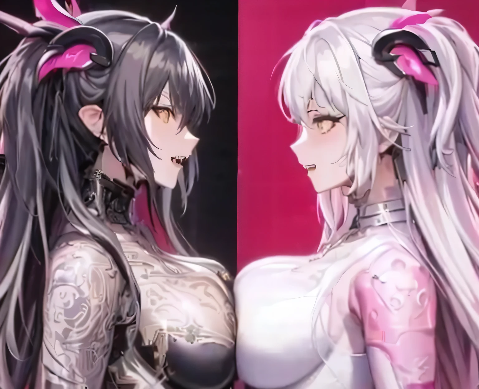 Dos chicas de anime con cabello largo y tatuajes en sus cuerpos, biomechanical oppai, Ahegao, Chica de anime demonio, Intrincado estilo CGI de anime adornado, Arte detallado del anime digital, Personajes de Azure Lane, ilustraciones detalladas del anime, OPPAI, Cara de Ahegao, Del videojuego Azure Lane, Jazza y RossDrew, Arte detallado del anime, Dos hermosas chicas de anime